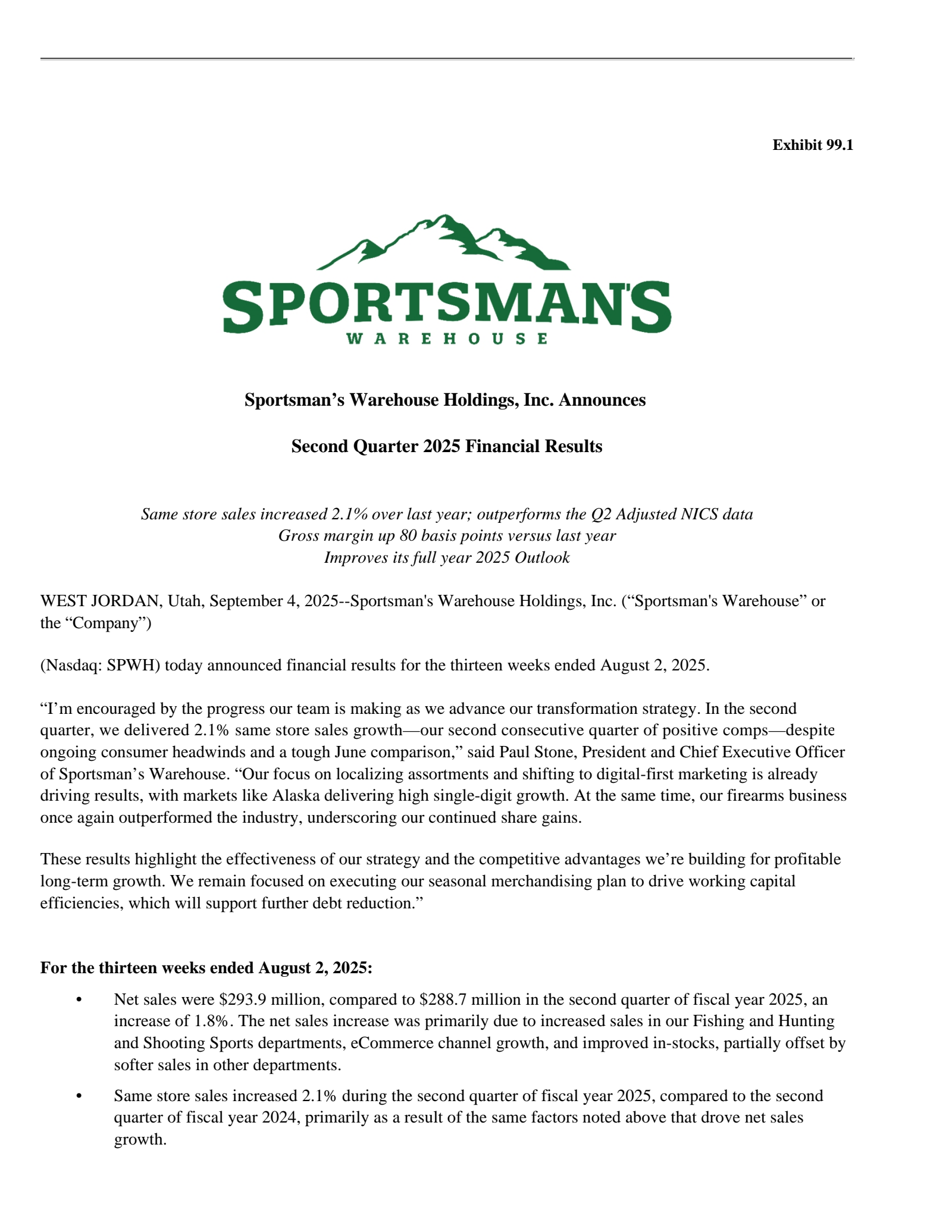 Sportsman's Warehouse's Q2 2026 Press Release