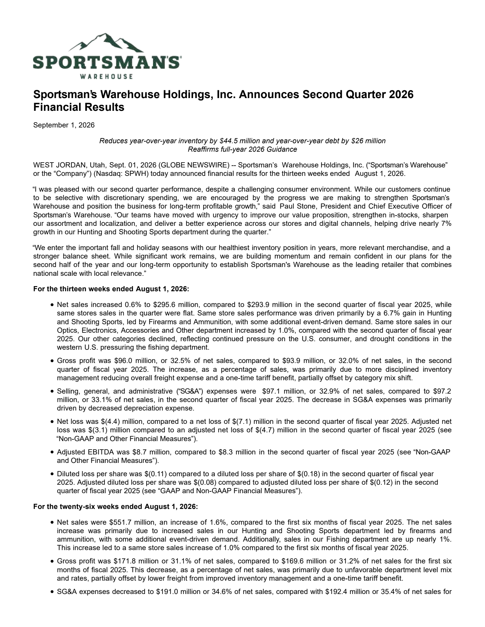 Sportsman's Warehouse's Q2 2027 Press Release