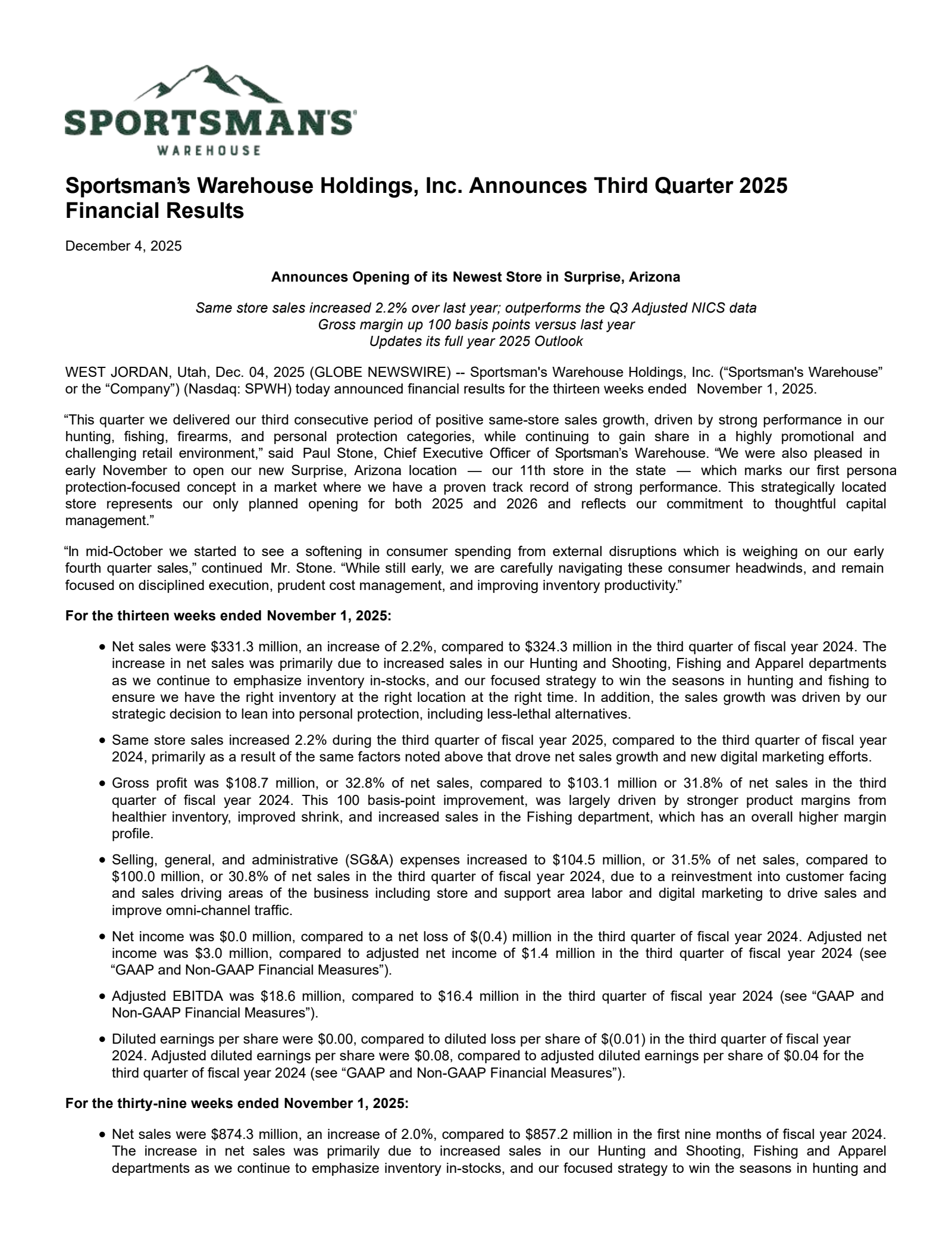 Sportsman's Warehouse's Q3 2026 Earnings Release