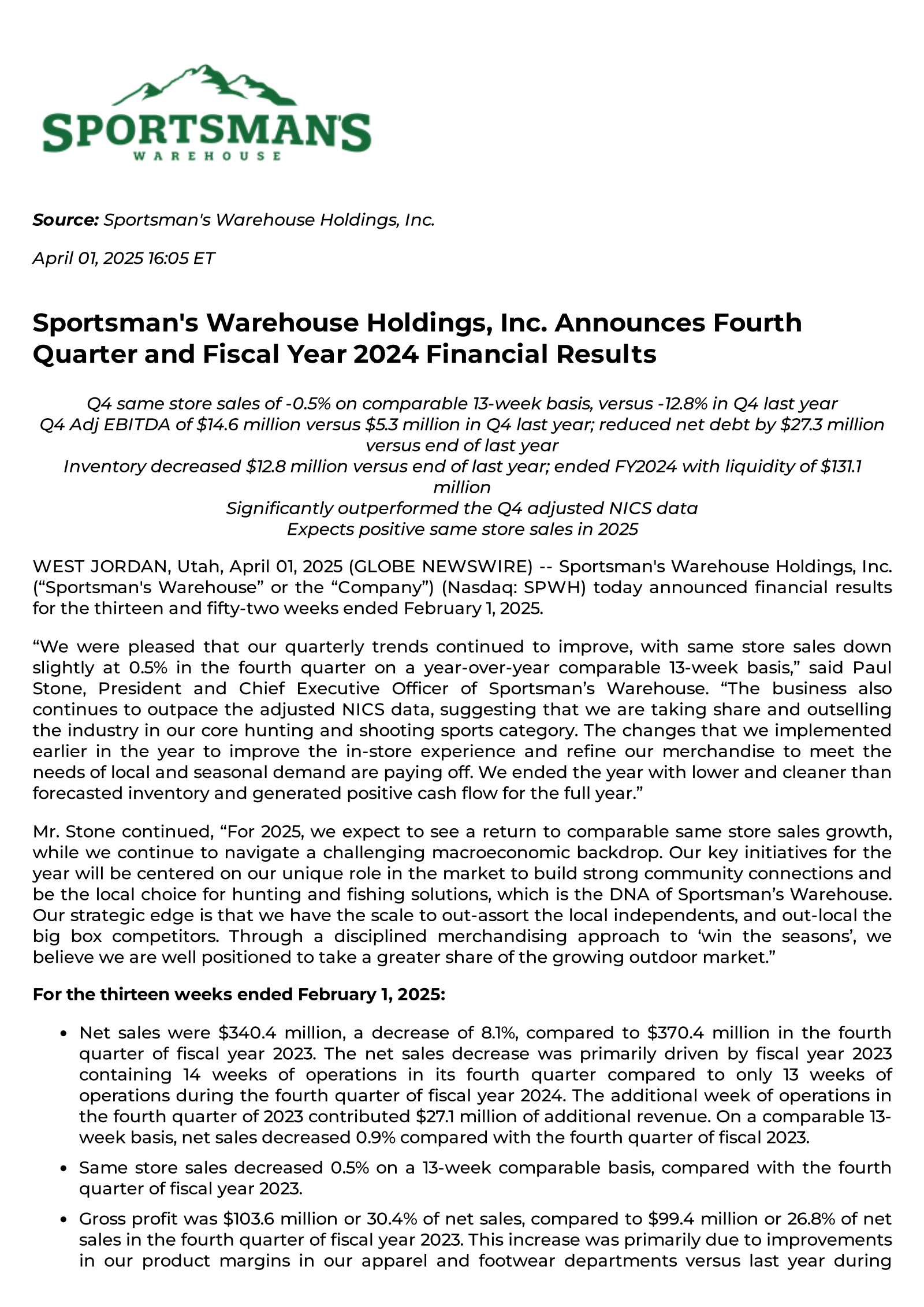 Sportsman's Warehouse's Q4 2025 Press Release