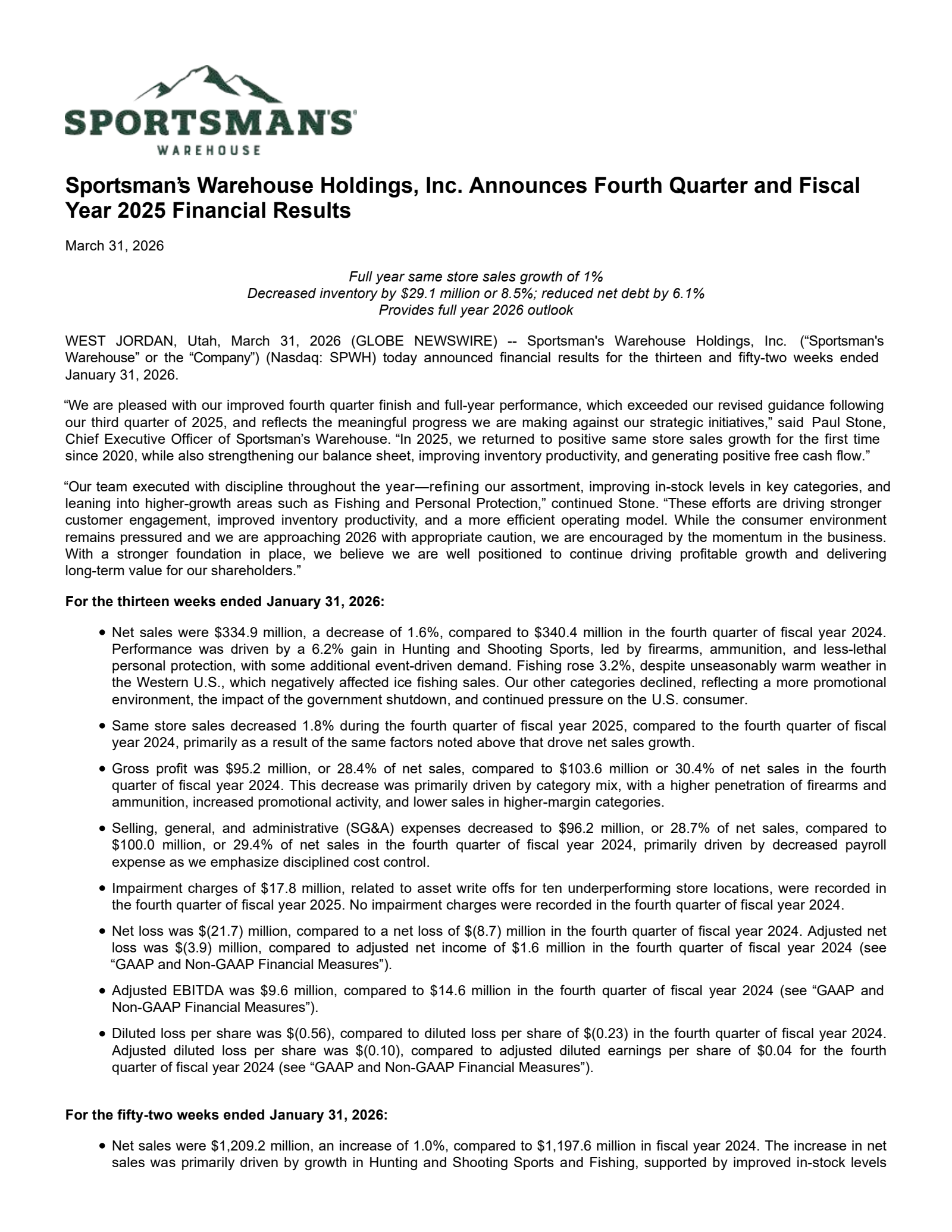 Sportsman's Warehouse's Q4 2026 Press Release