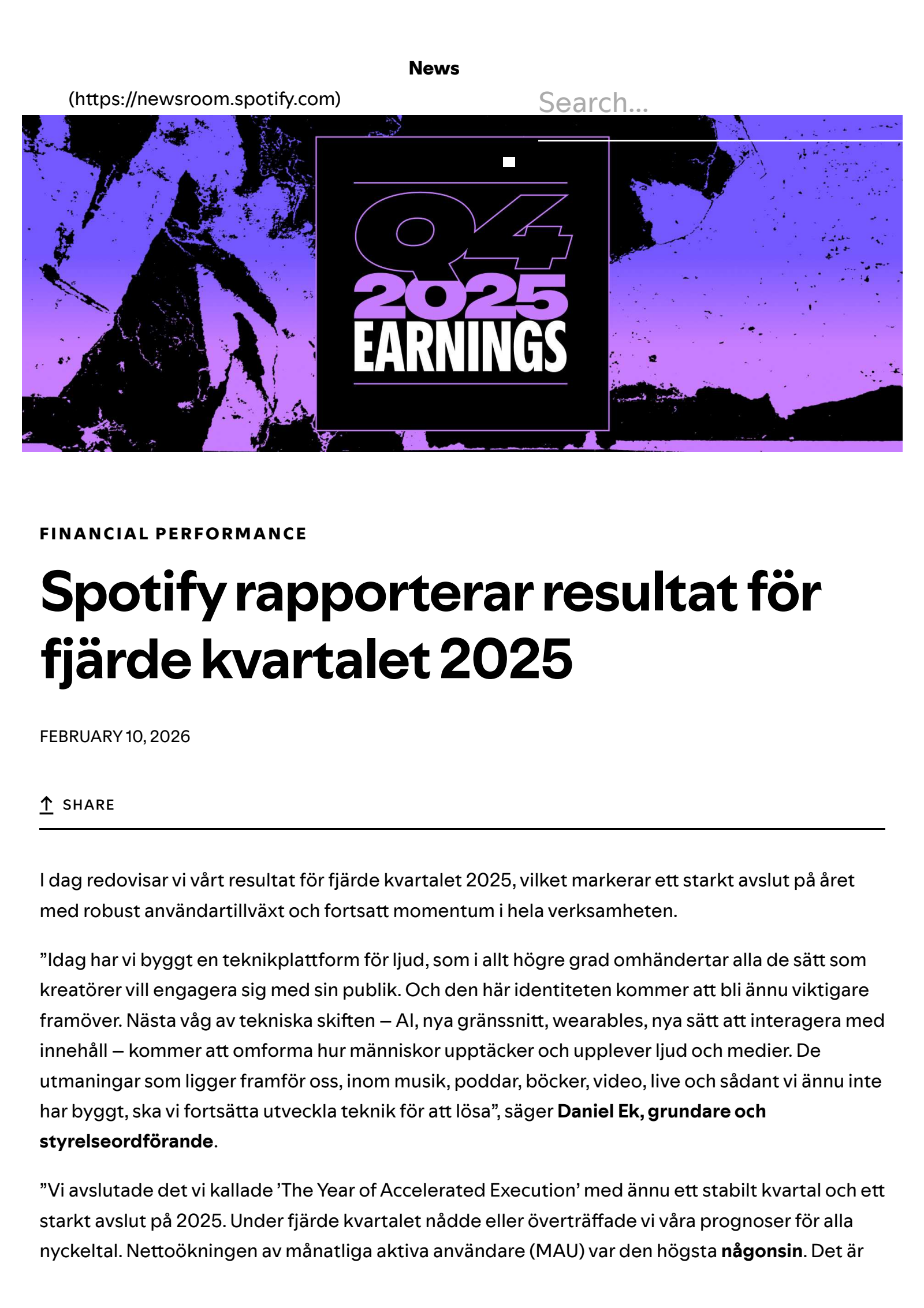 Spotify Technology's Q4 2025 Press Release