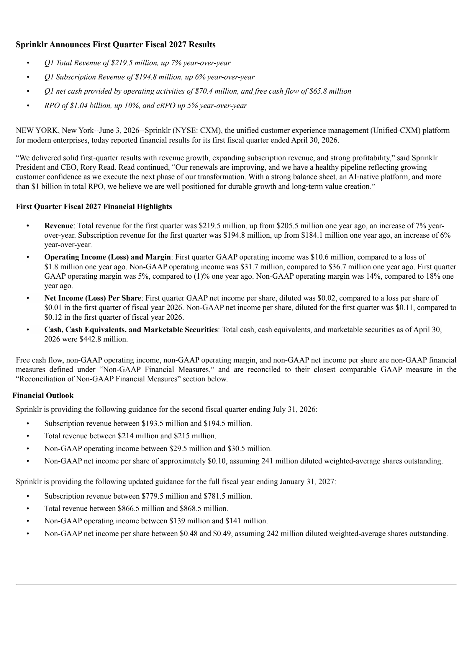 Sprinklr's Q1 2027 Press Release