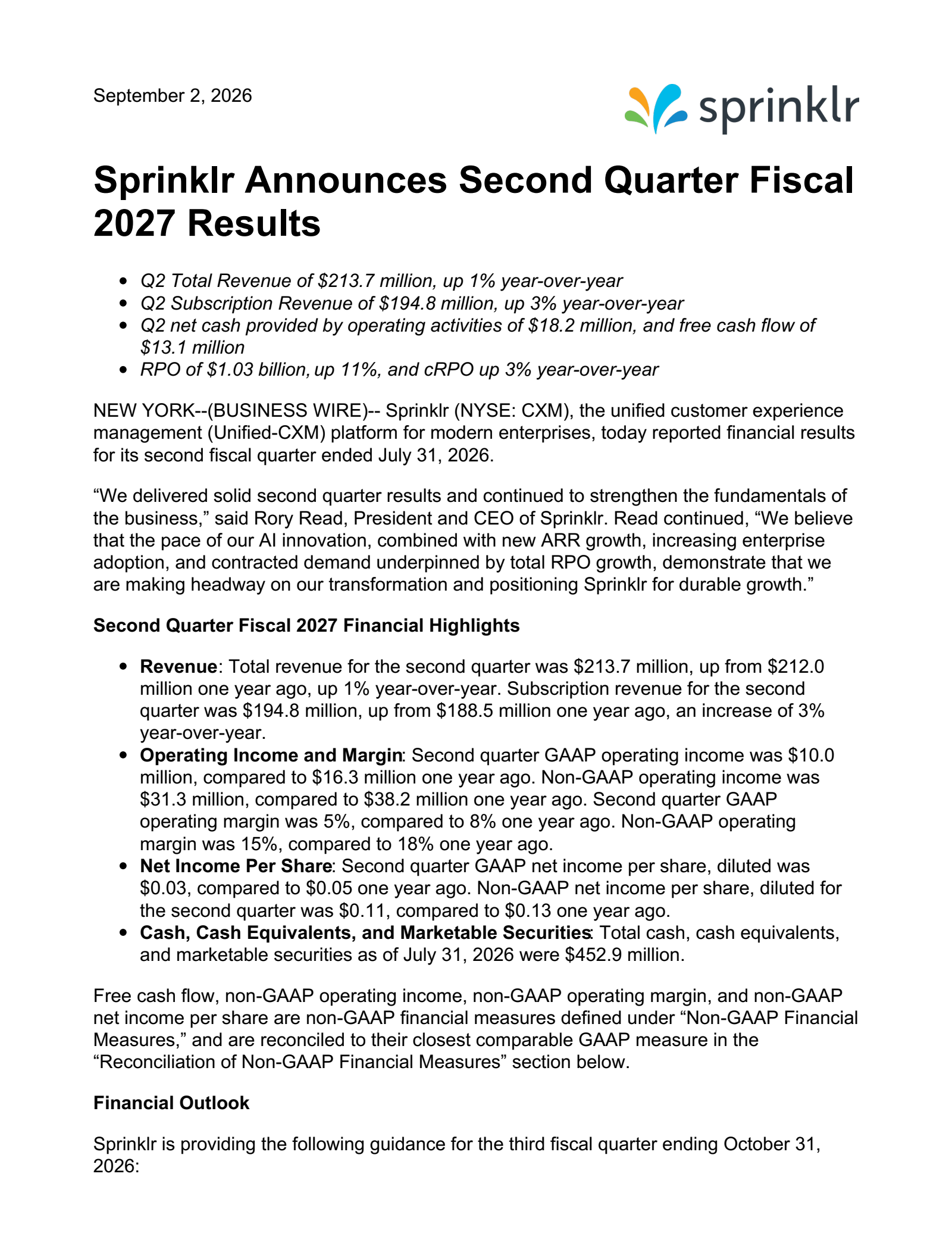 Sprinklr's Q2 2027 Press Release