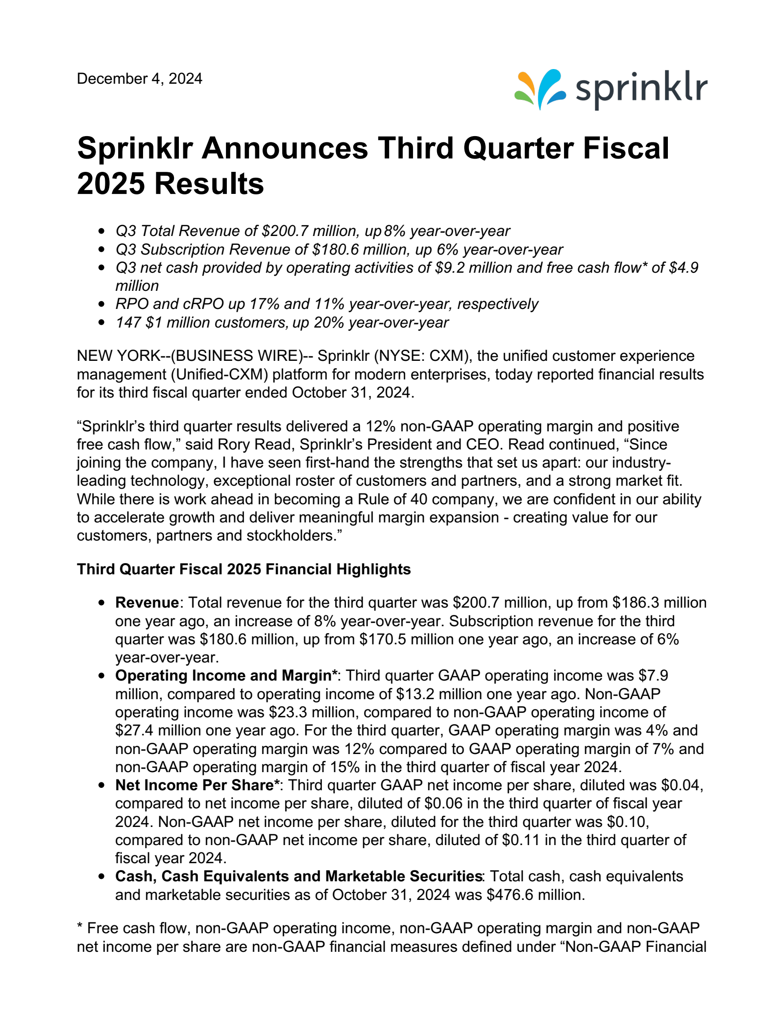 Sprinklr's Q3 2025 Press Release