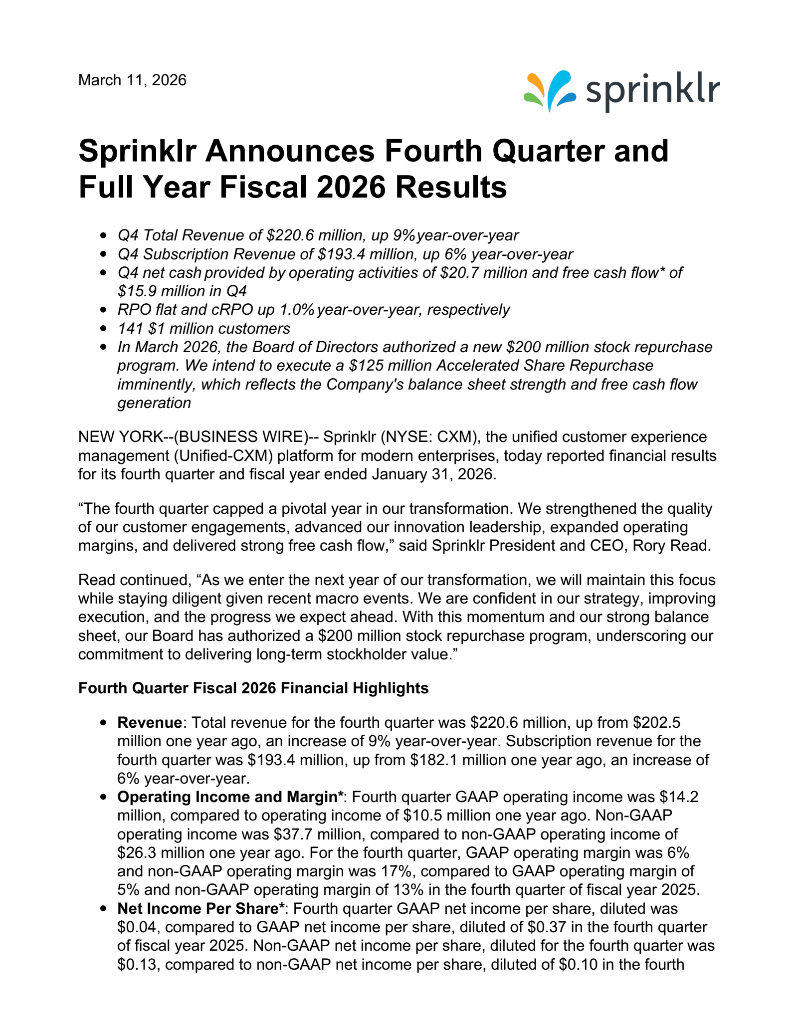 Sprinklr's Q4 2026 Press Release