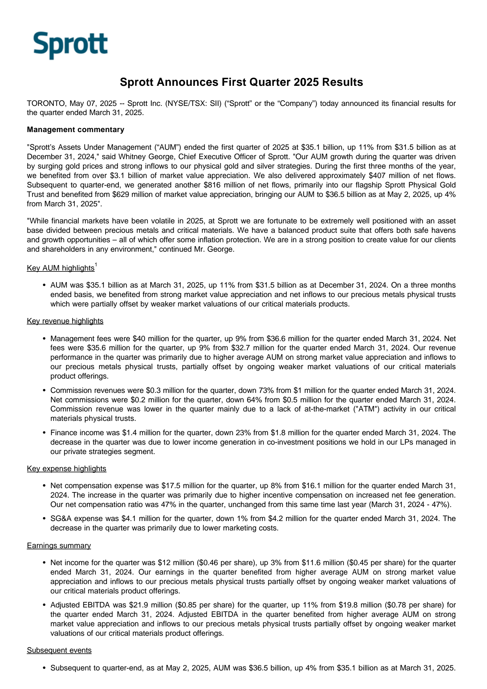 Sprott's Q1 2025 Press Release