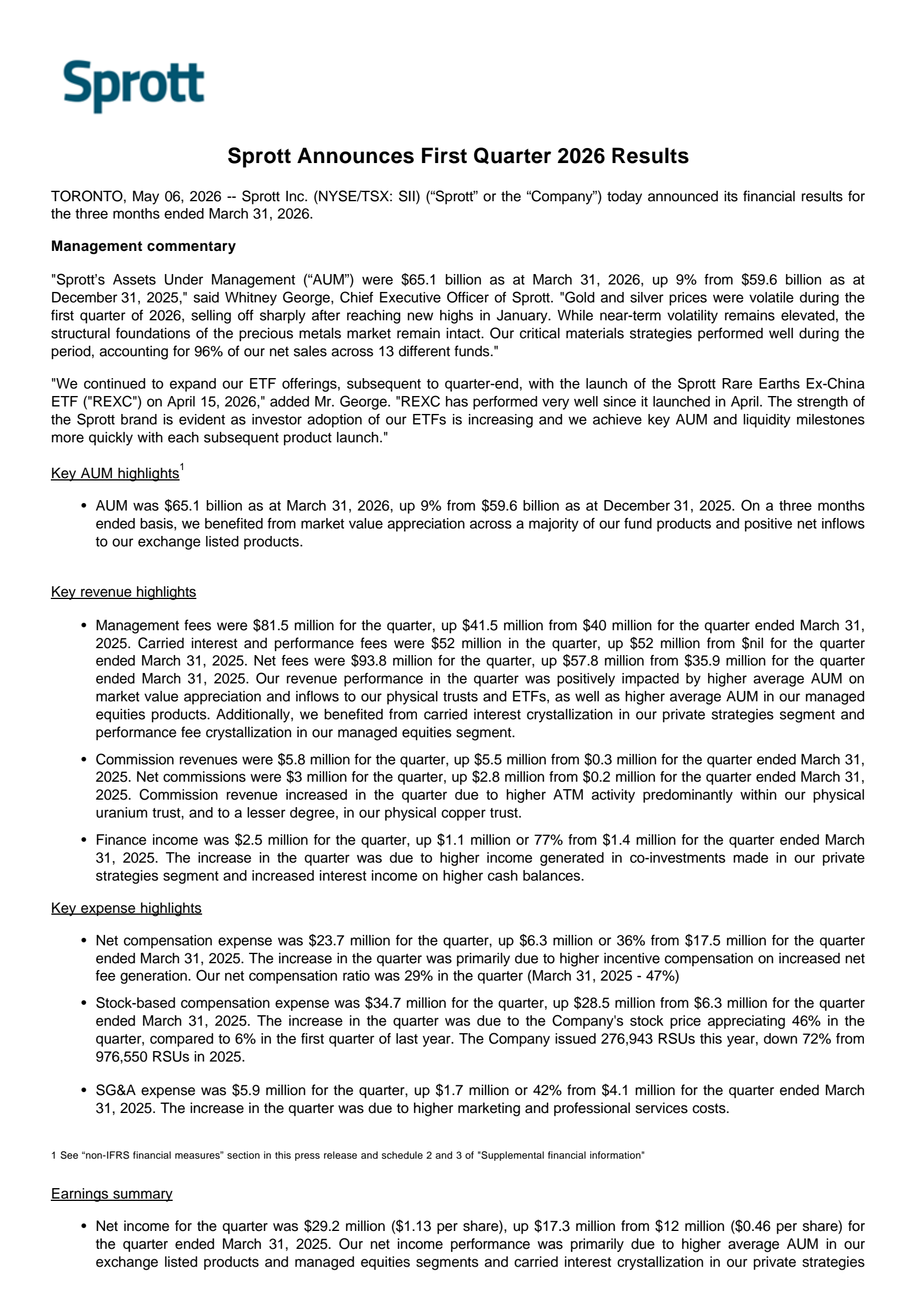 Sprott's Q1 2026 Press Release