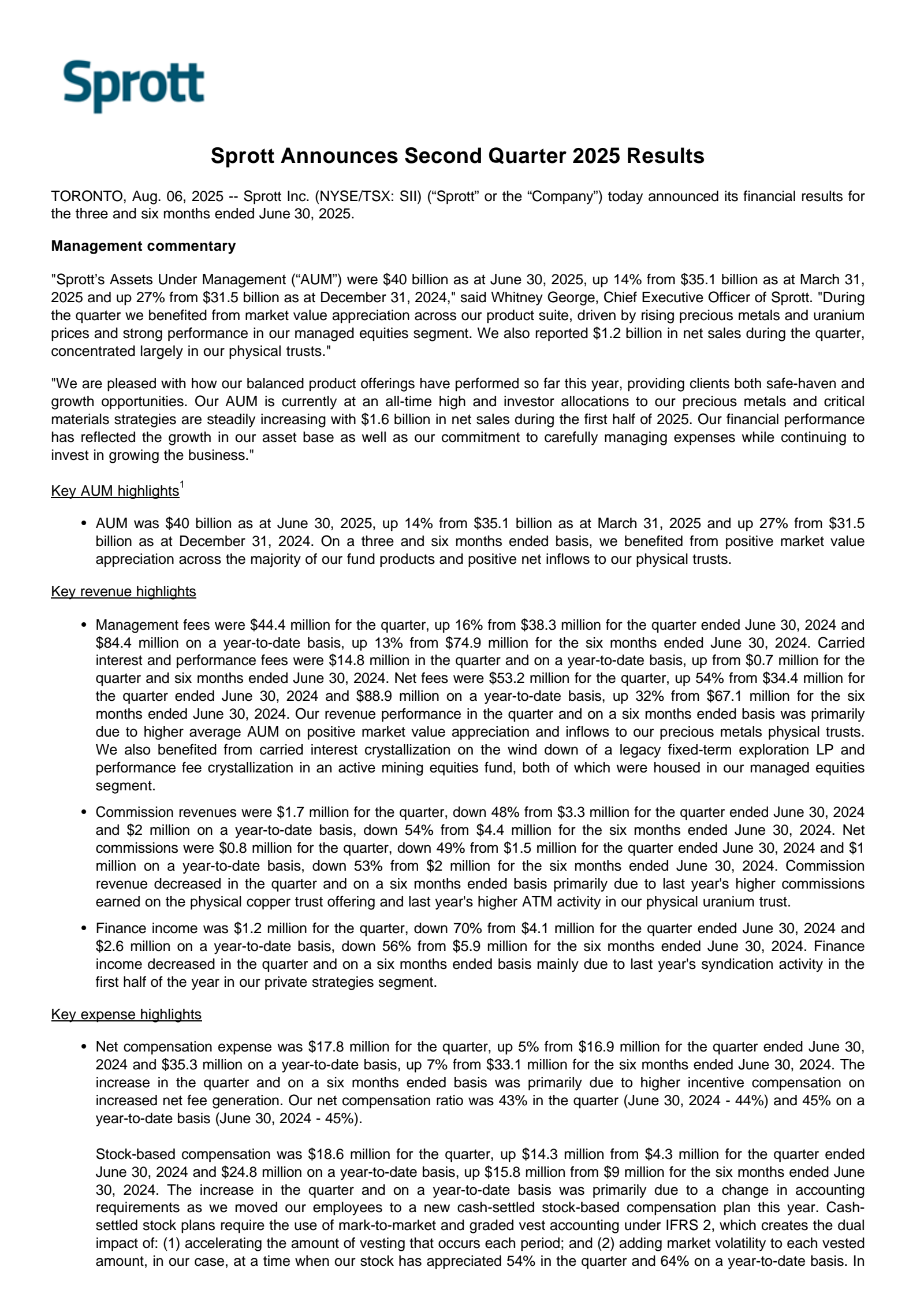 Sprott's Q2 2025 Press Release