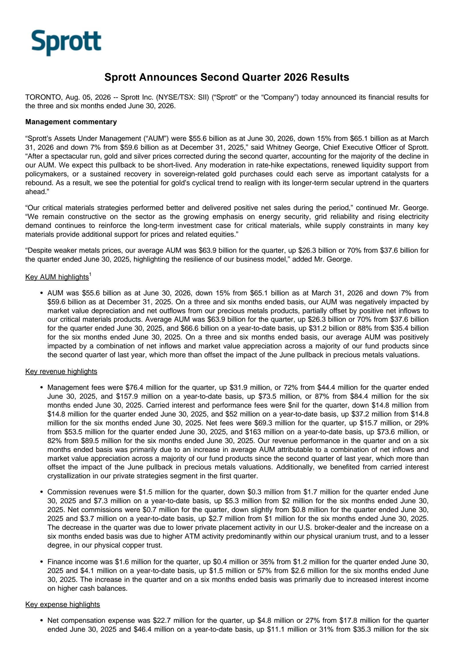 Sprott's Q2 2026 Press Release