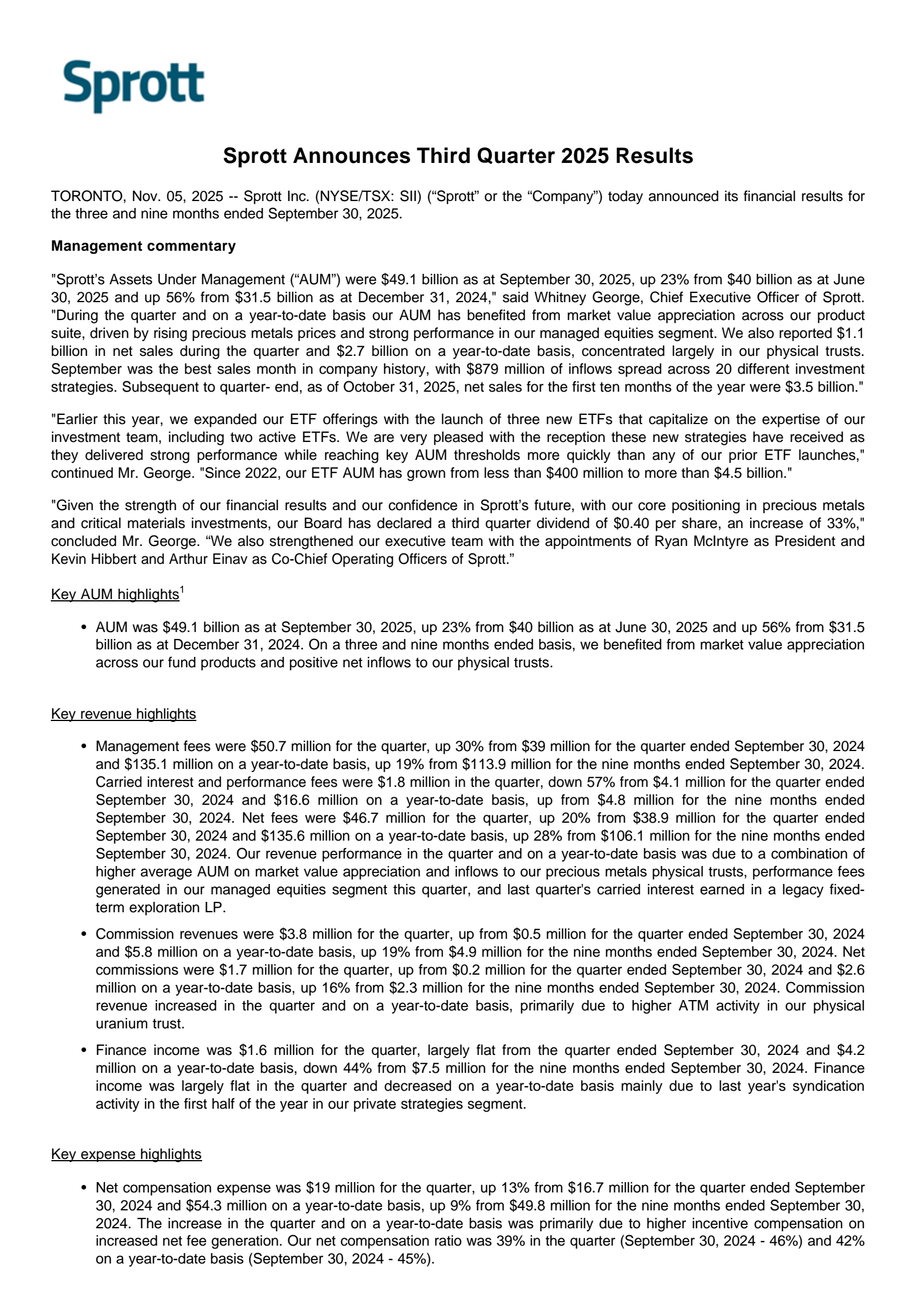 Sprott's Q3 2025 Earnings Release