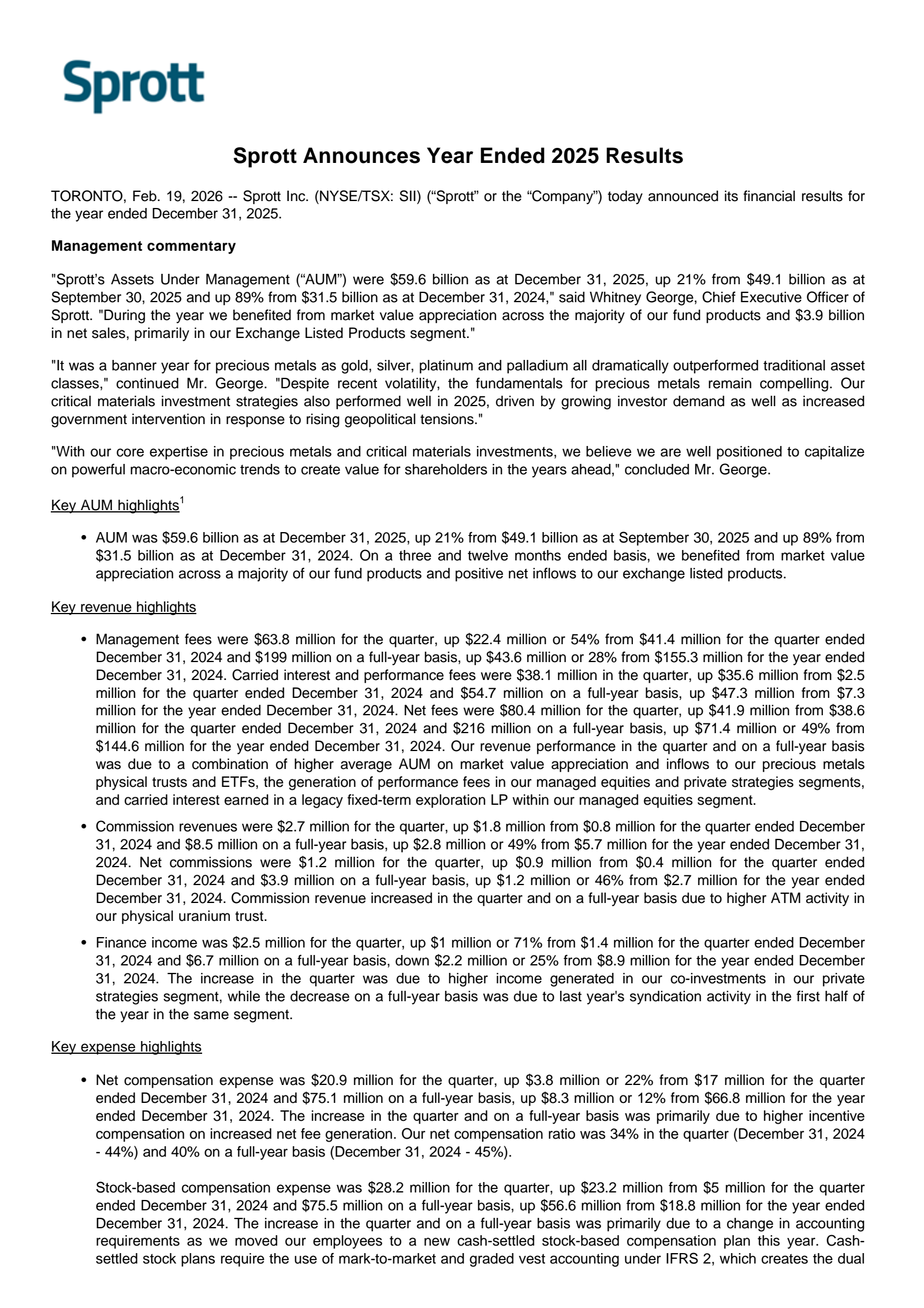 Sprott's Q4 2025 Press Release