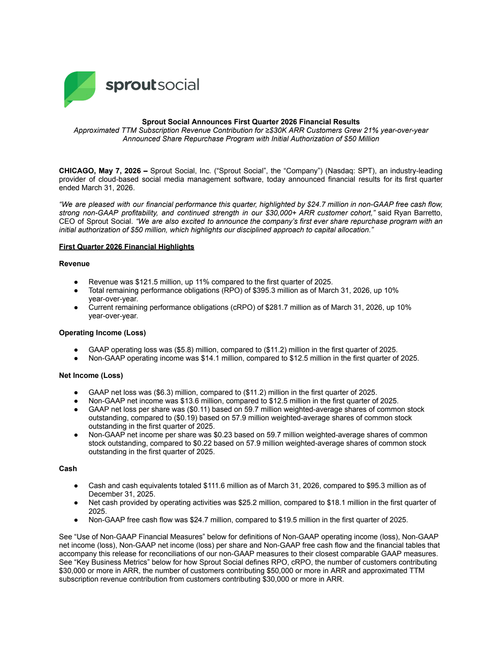 Sprout Social's Q1 2026 Press Release