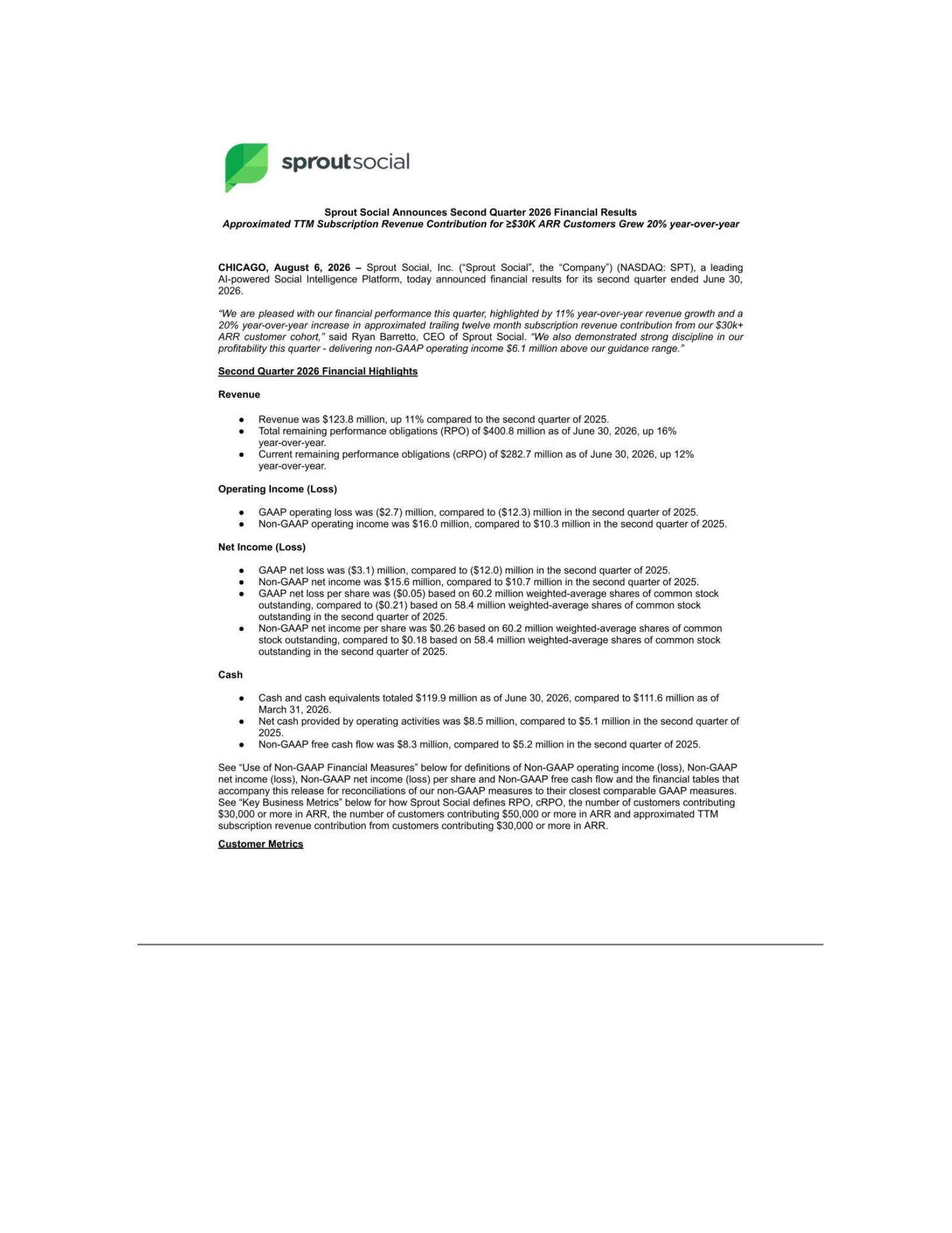 Sprout Social's Q2 2026 Press Release