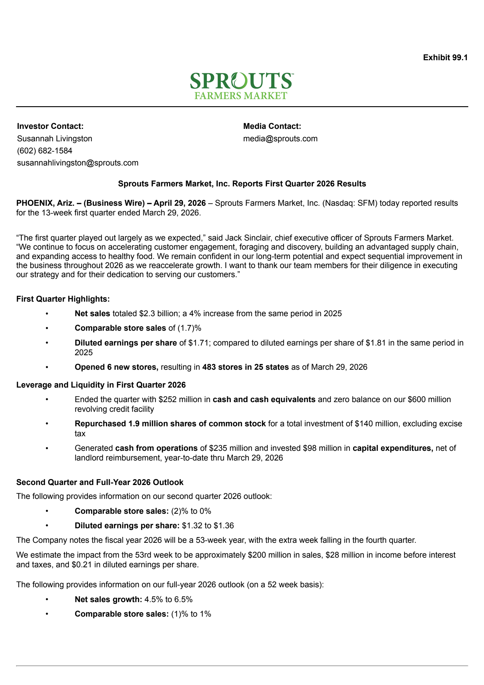 Sprouts Farmers Market's Q1 2026 Press Release