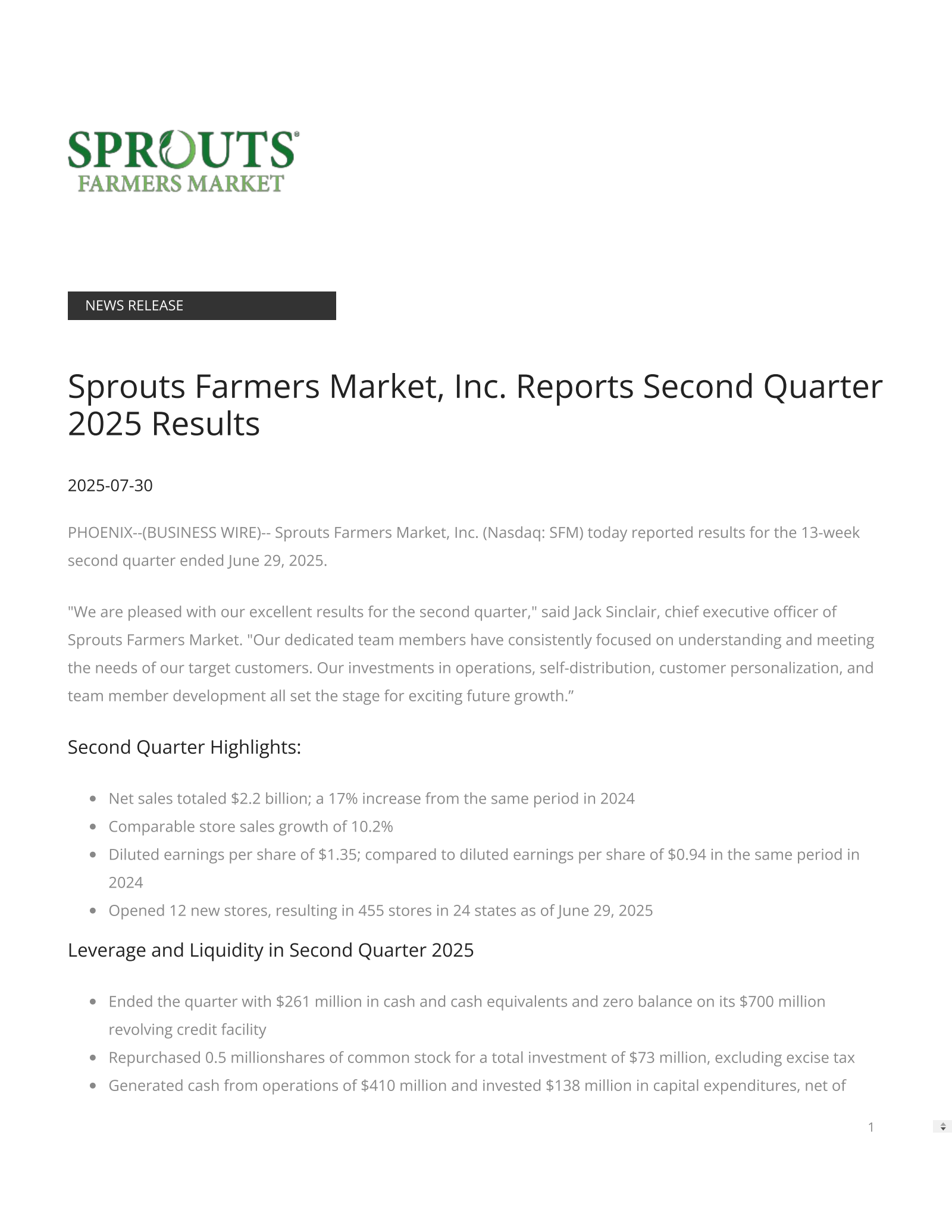 Sprouts Farmers Market's Q2 2025 Press Release