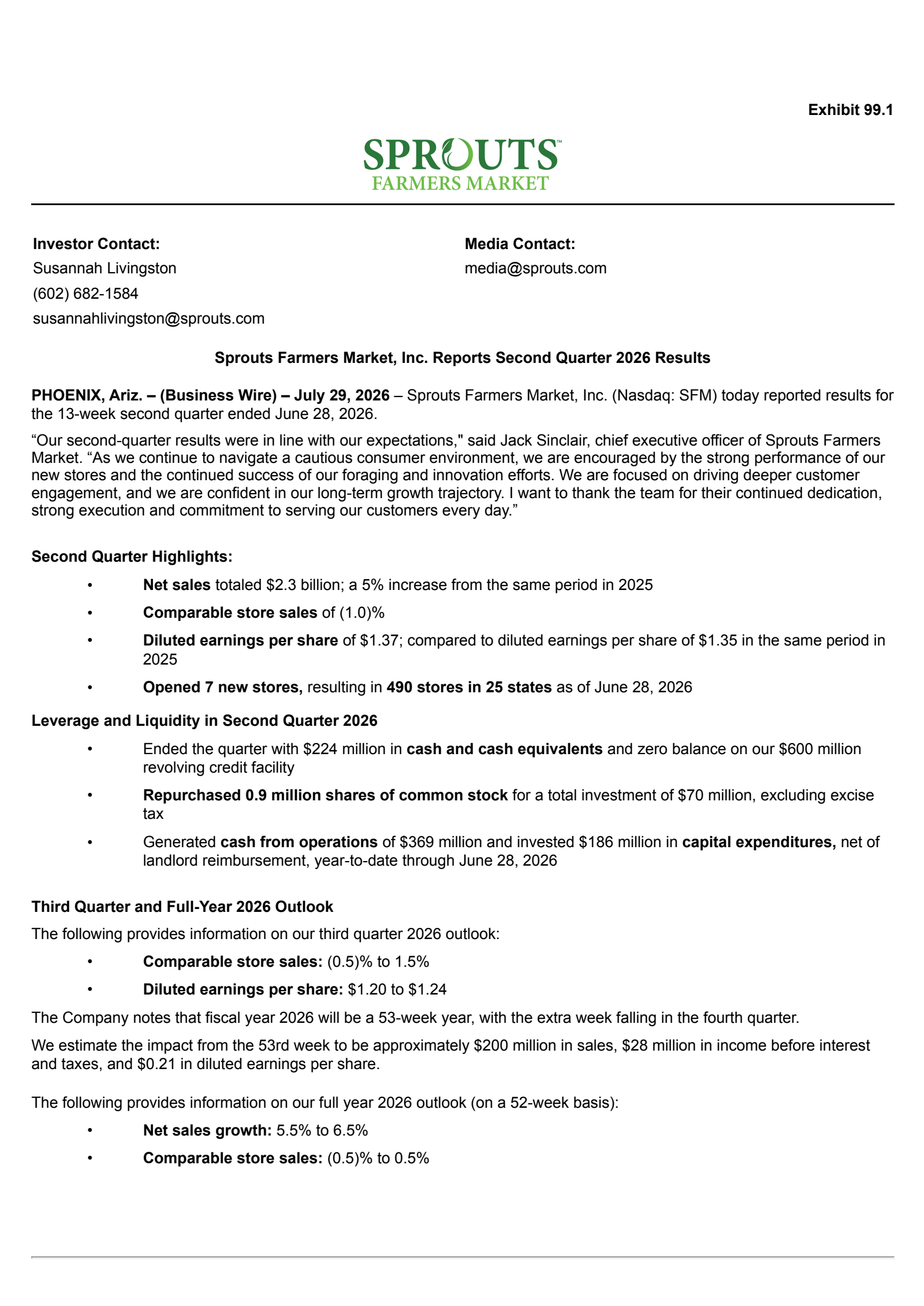 Sprouts Farmers Market's Q2 2026 Press Release