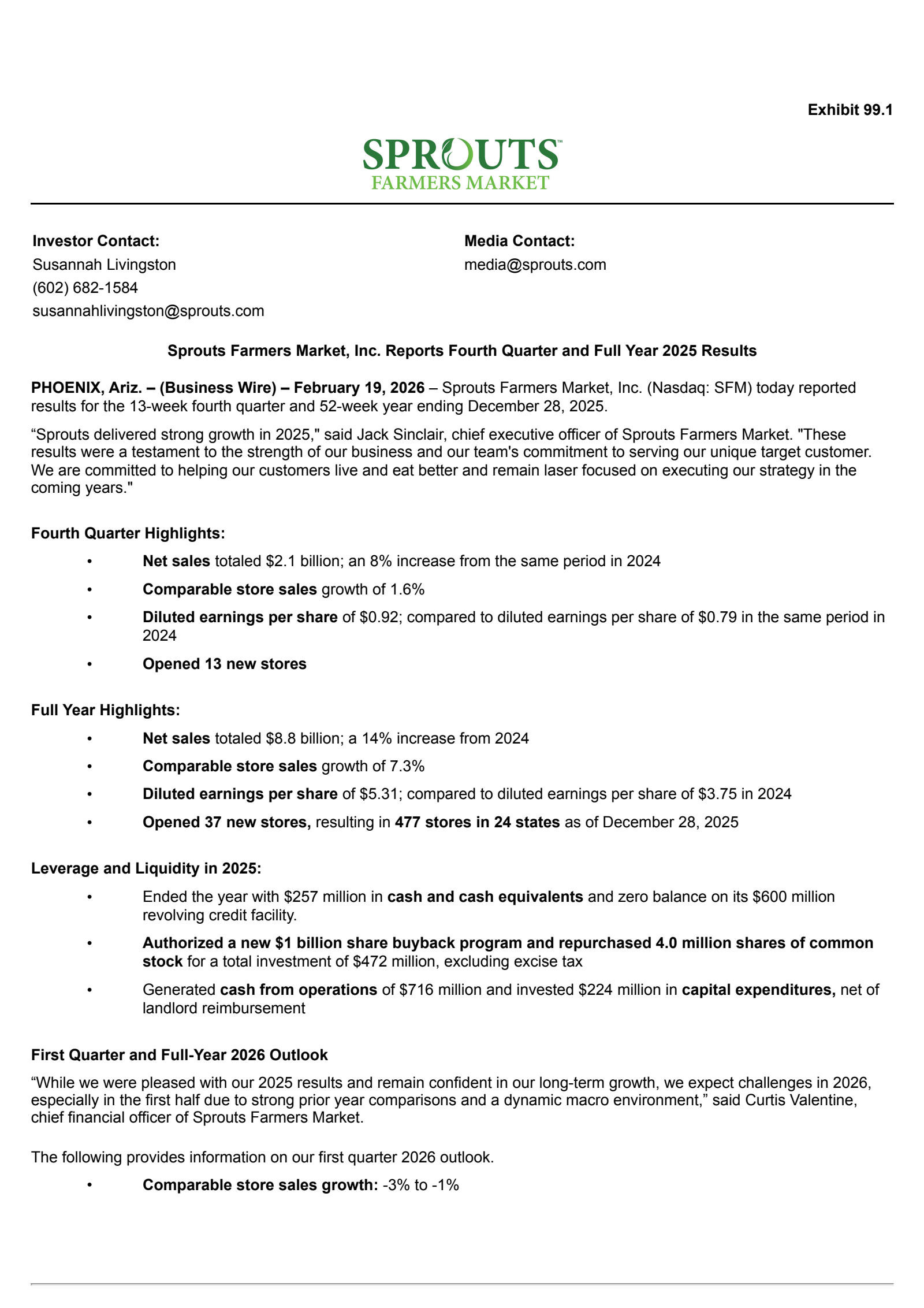 Sprouts Farmers Market's Q4 2025 Press Release