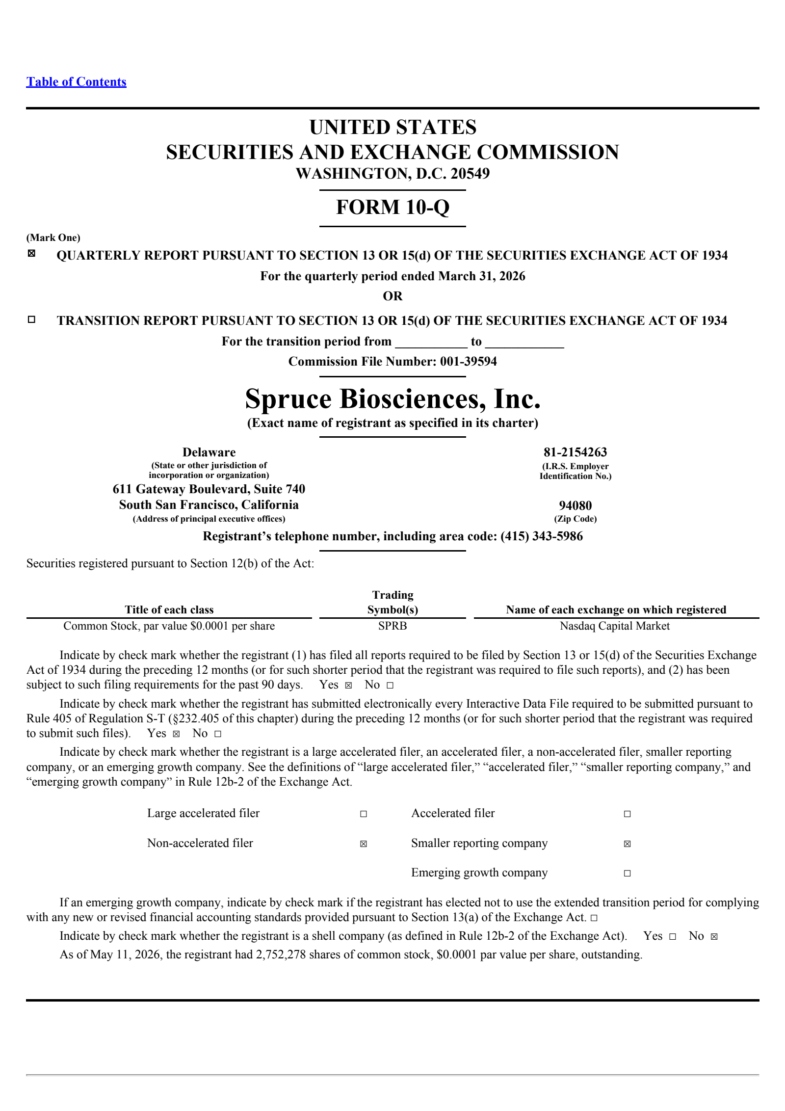 Spruce Biosciences' Q1 2026 Quarterly report