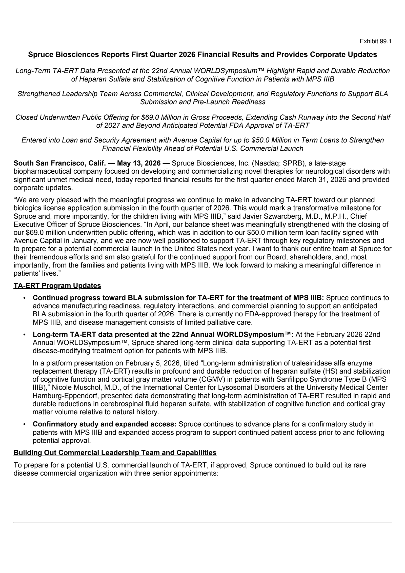 Spruce Biosciences' Q1 2026 Press Release