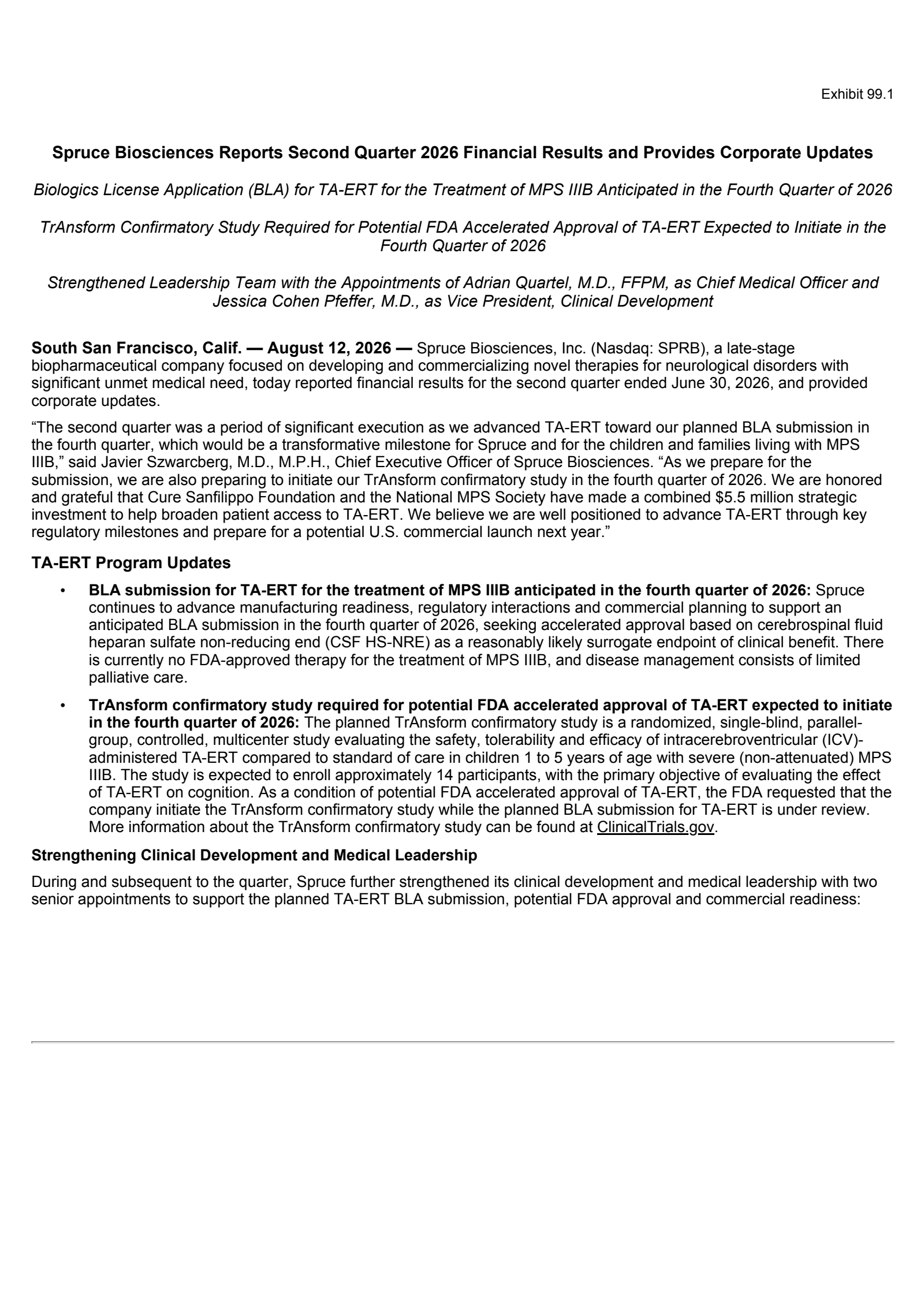 Spruce Biosciences' Q2 2026 Press Release
