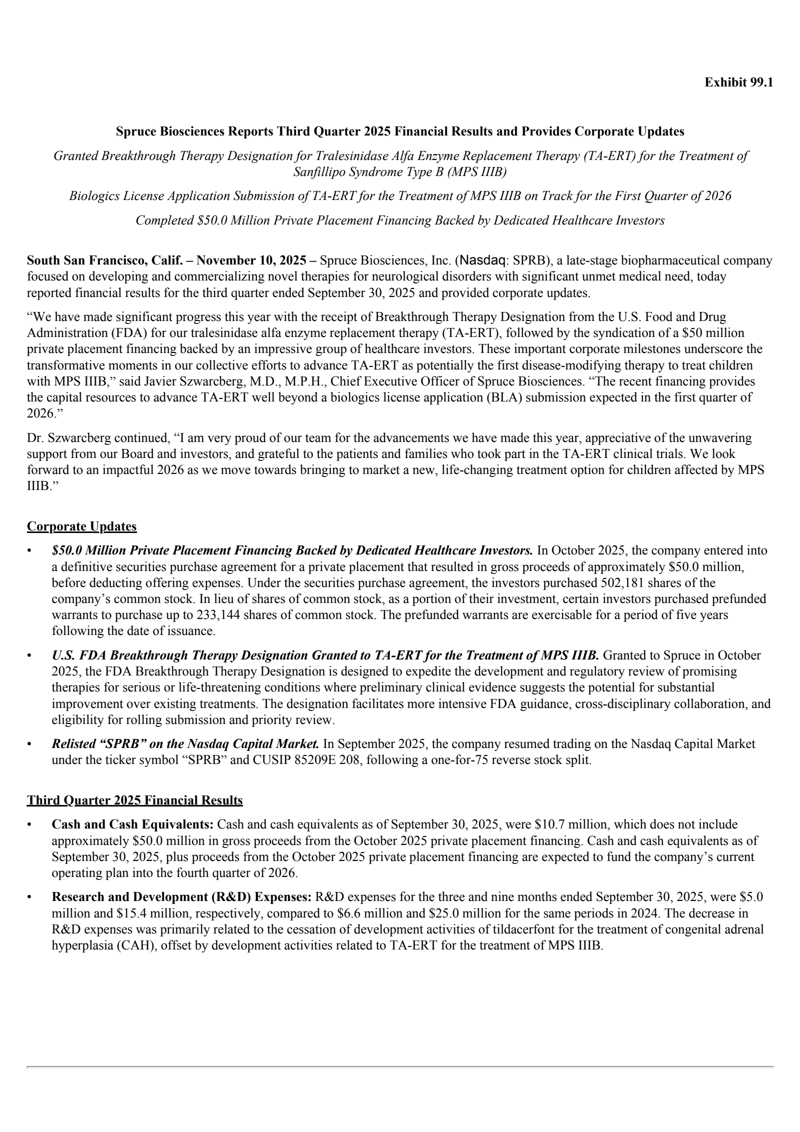 Spruce Biosciences' Q3 2025 Earnings Release