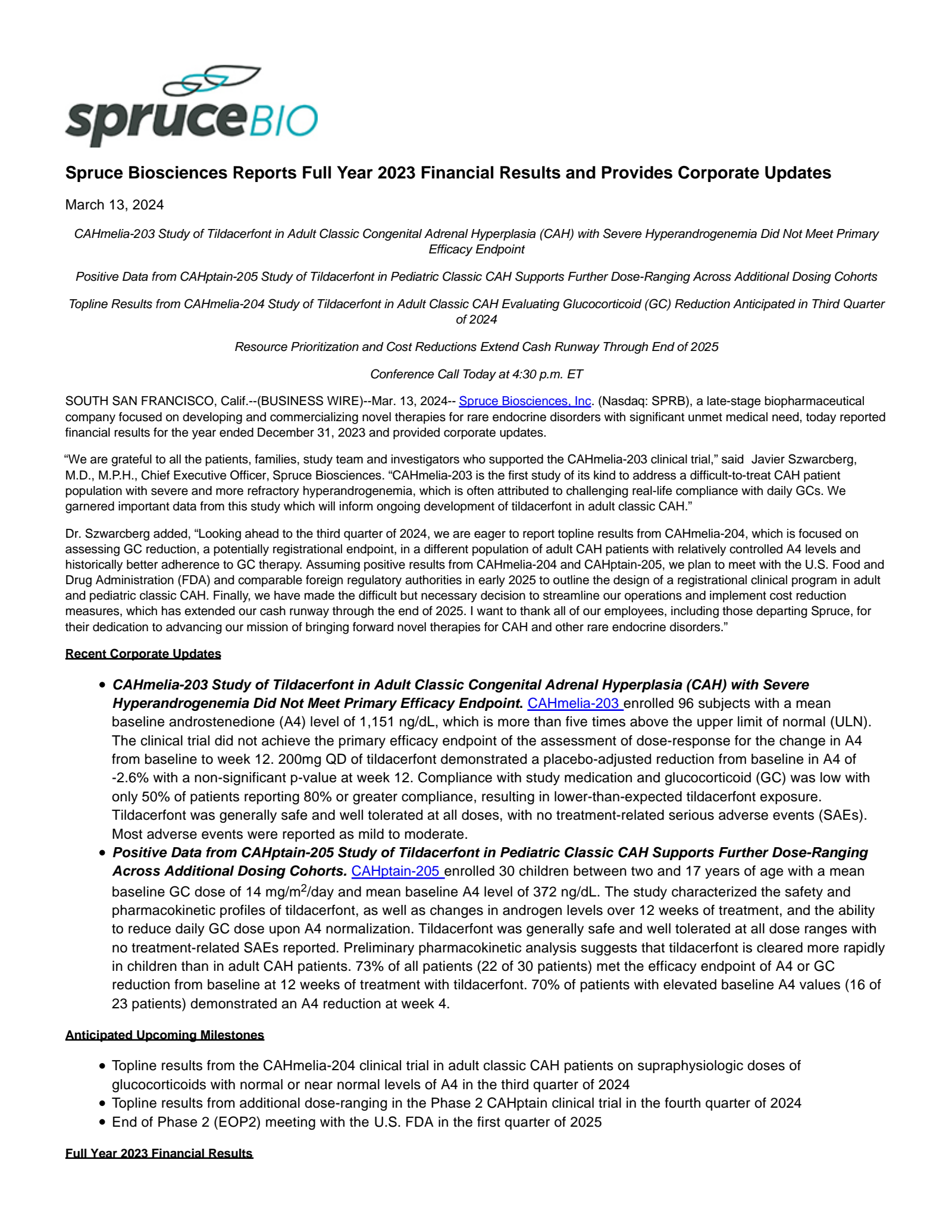 Spruce Biosciences' Q4 2023 Press Release
