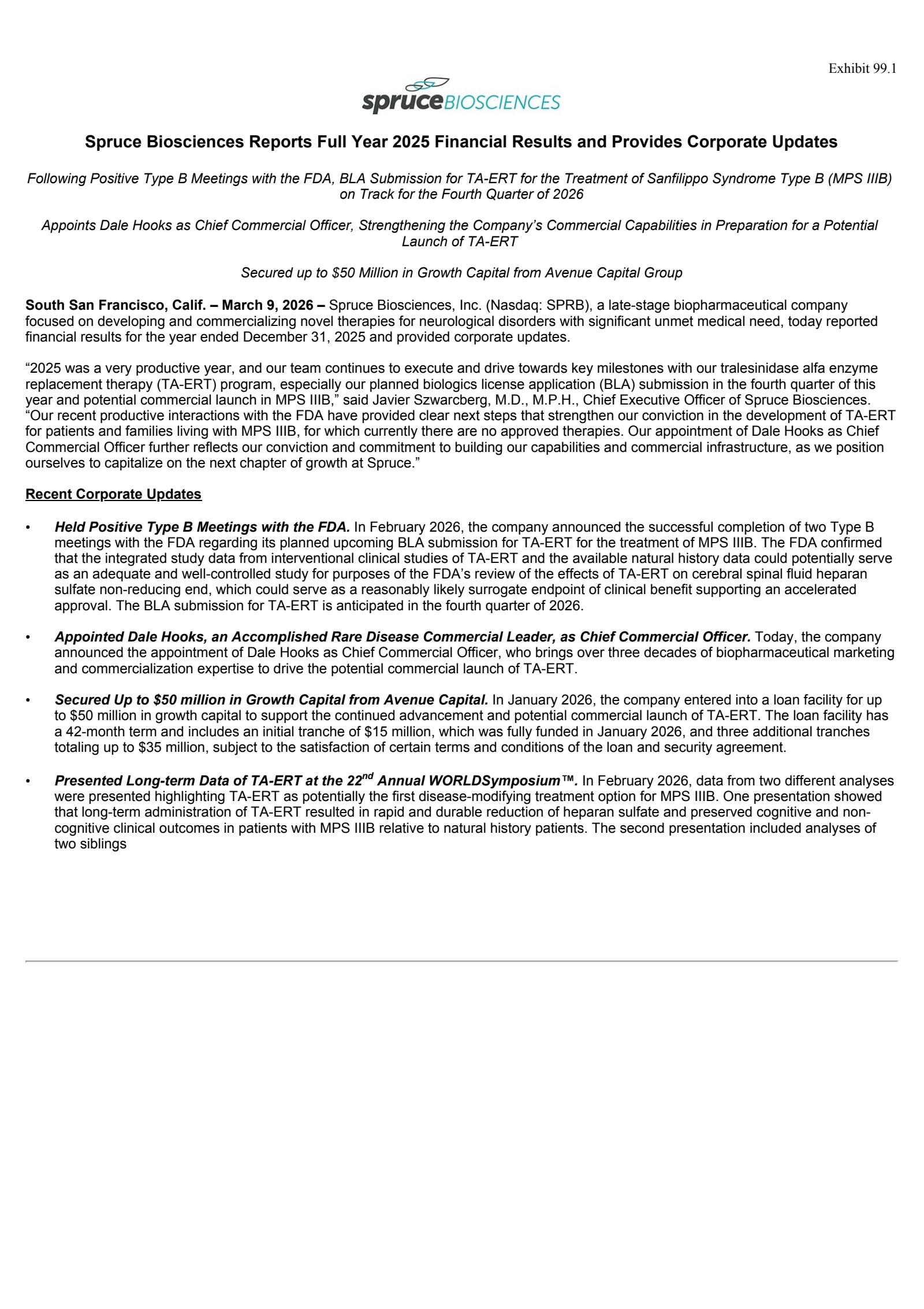 Spruce Biosciences' Q4 2025 Press Release