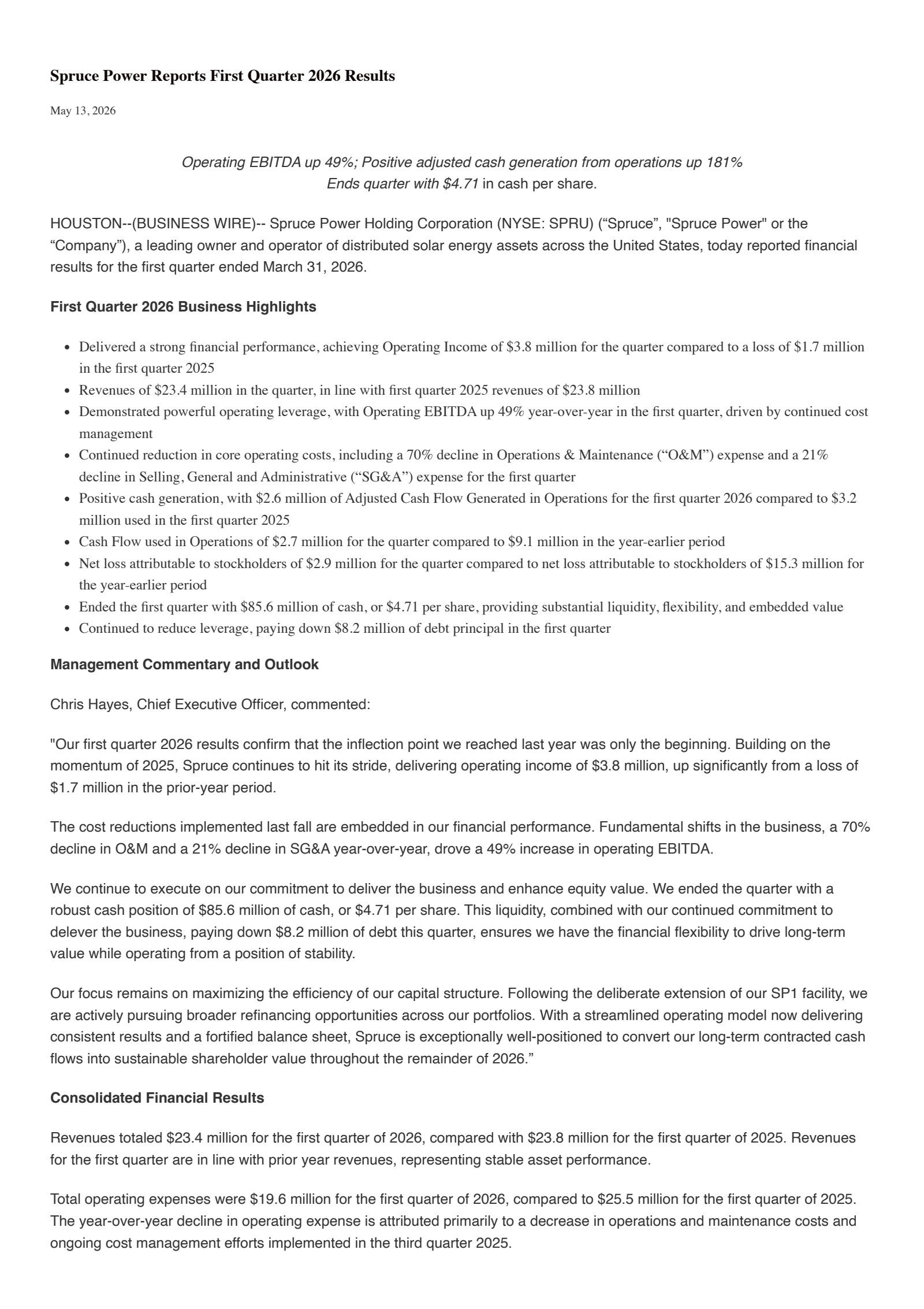 Spruce Power's Q1 2026 Press Release