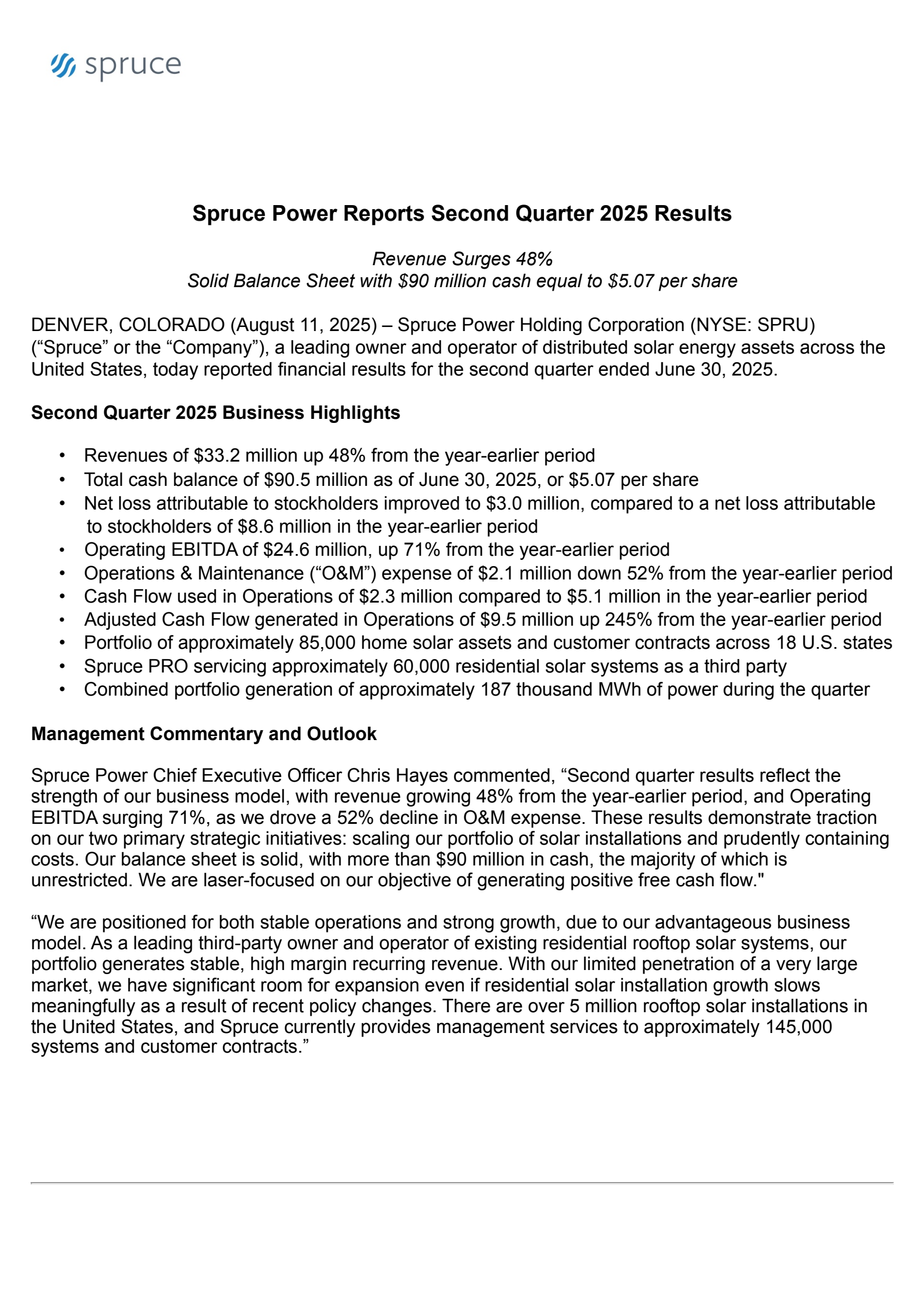 Spruce Power's Q2 2025 Press Release