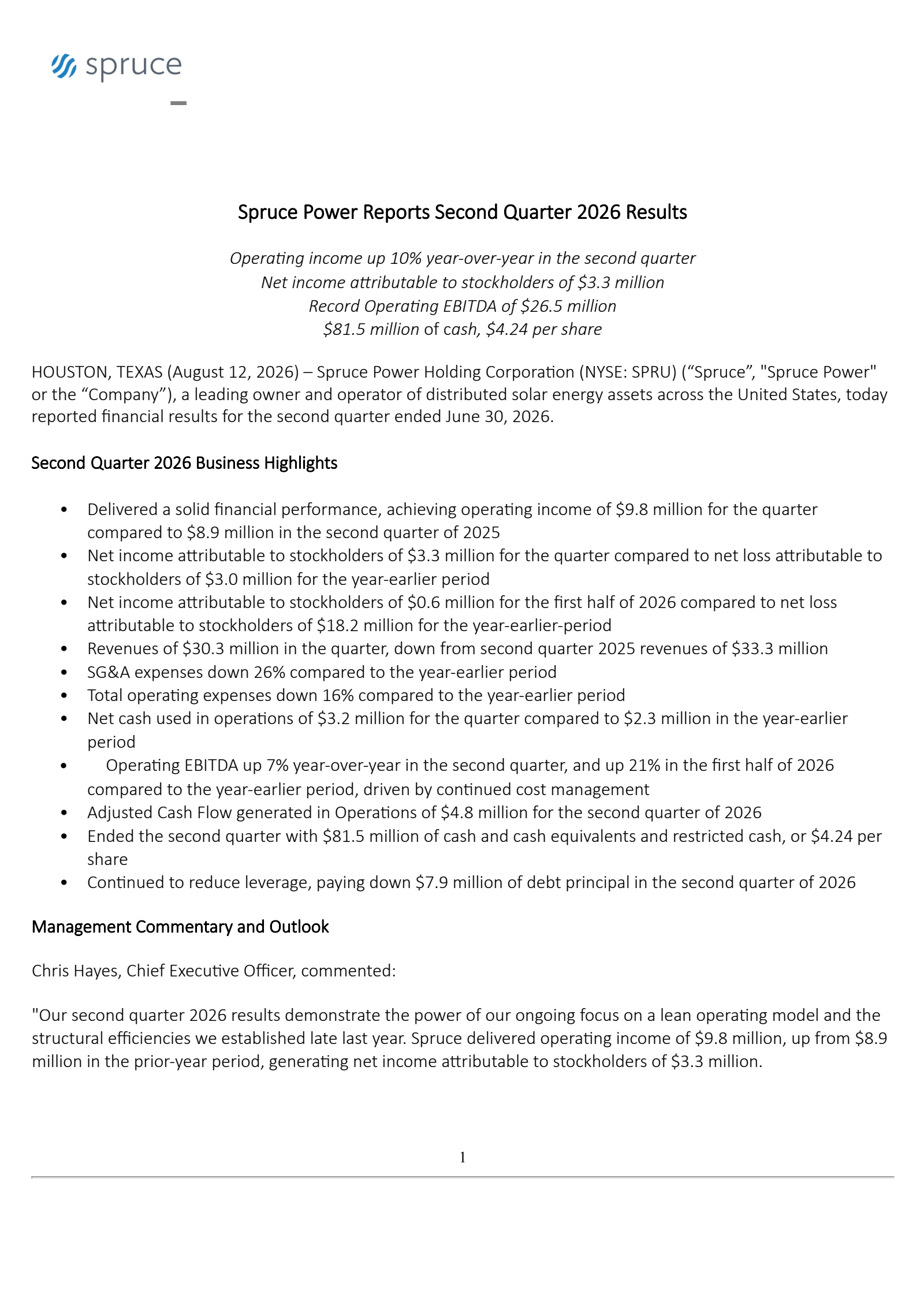 Spruce Power's Q2 2026 Press Release