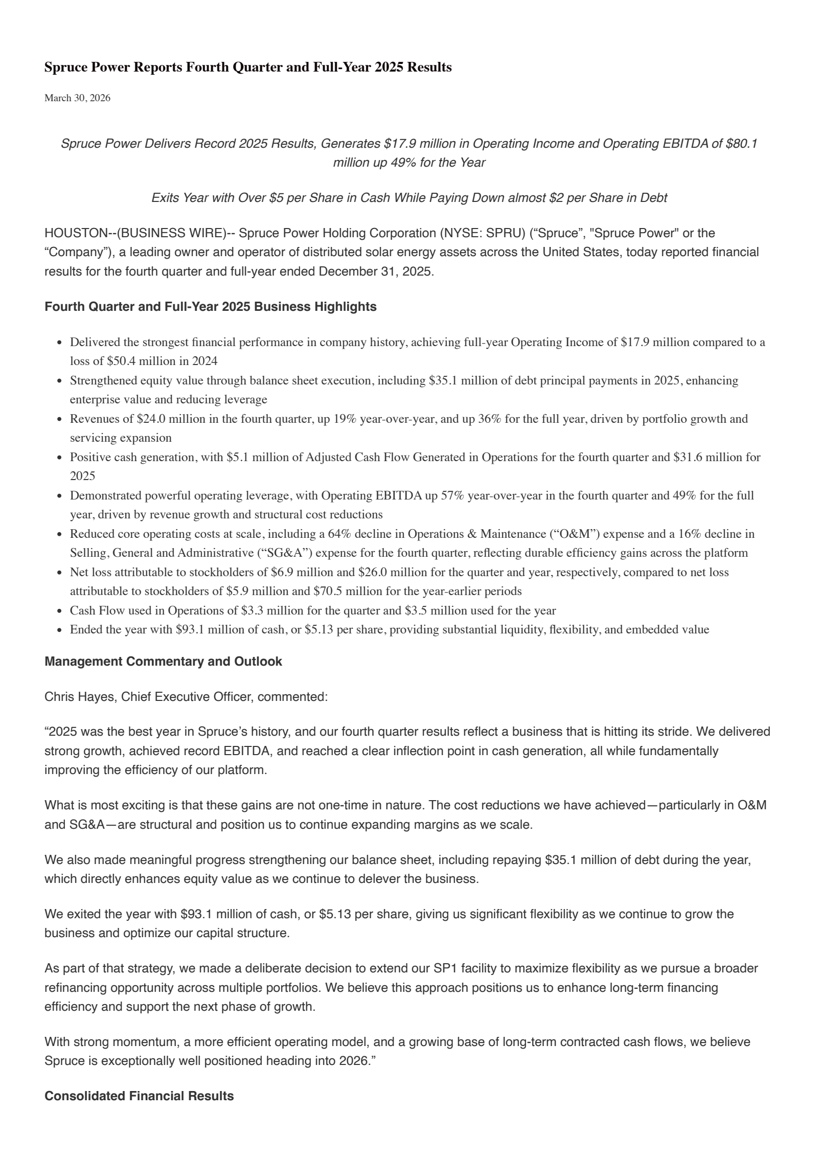 Spruce Power's Q4 2025 Press Release