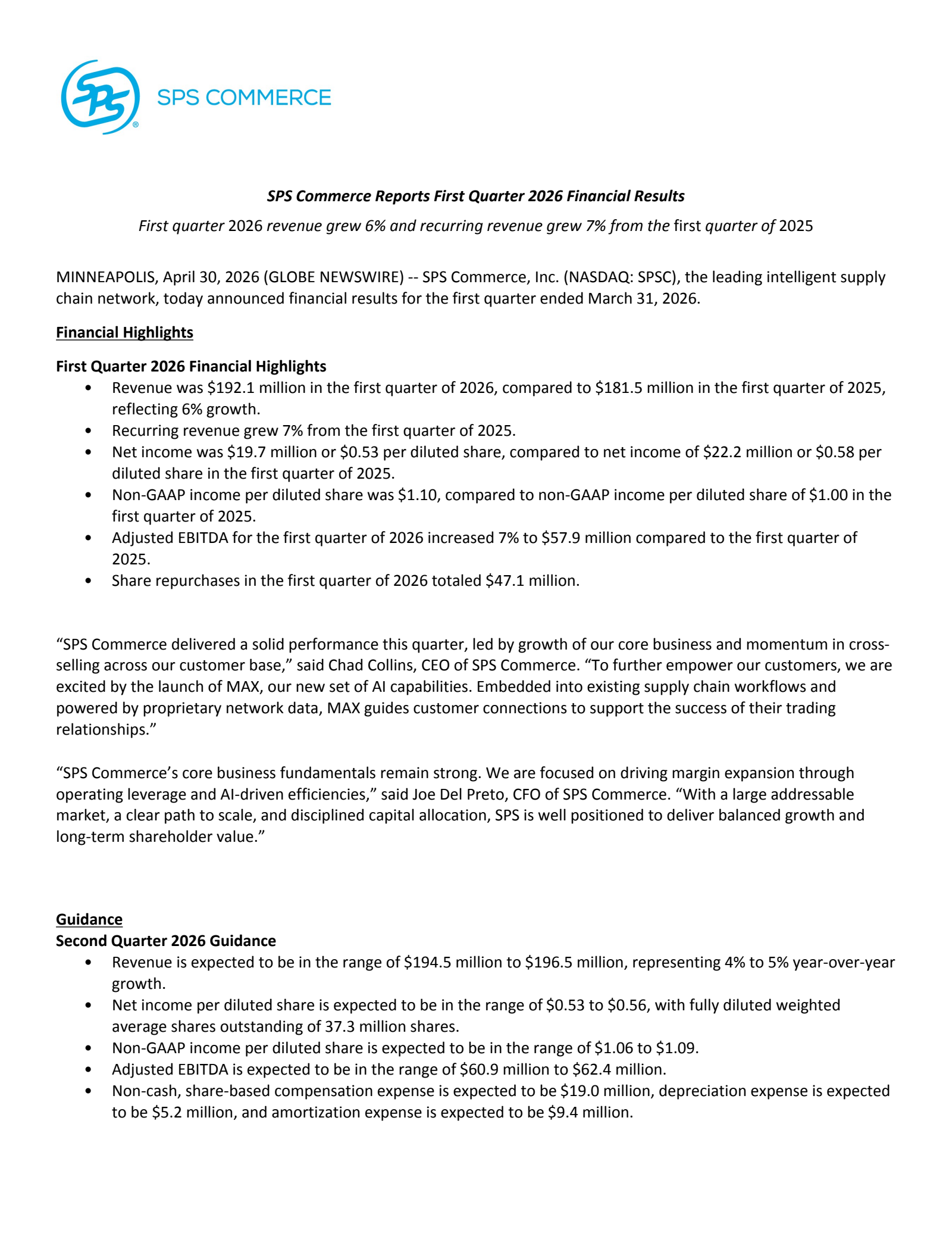 SPS Commerce's Q1 2026 Press Release