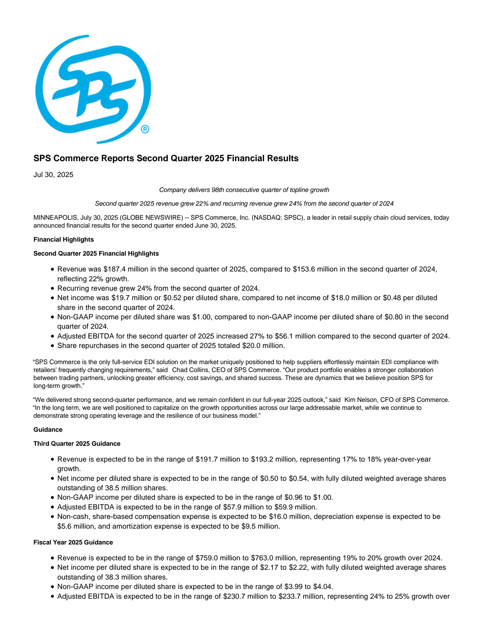 SPS Commerce's Q2 2025 Press Release