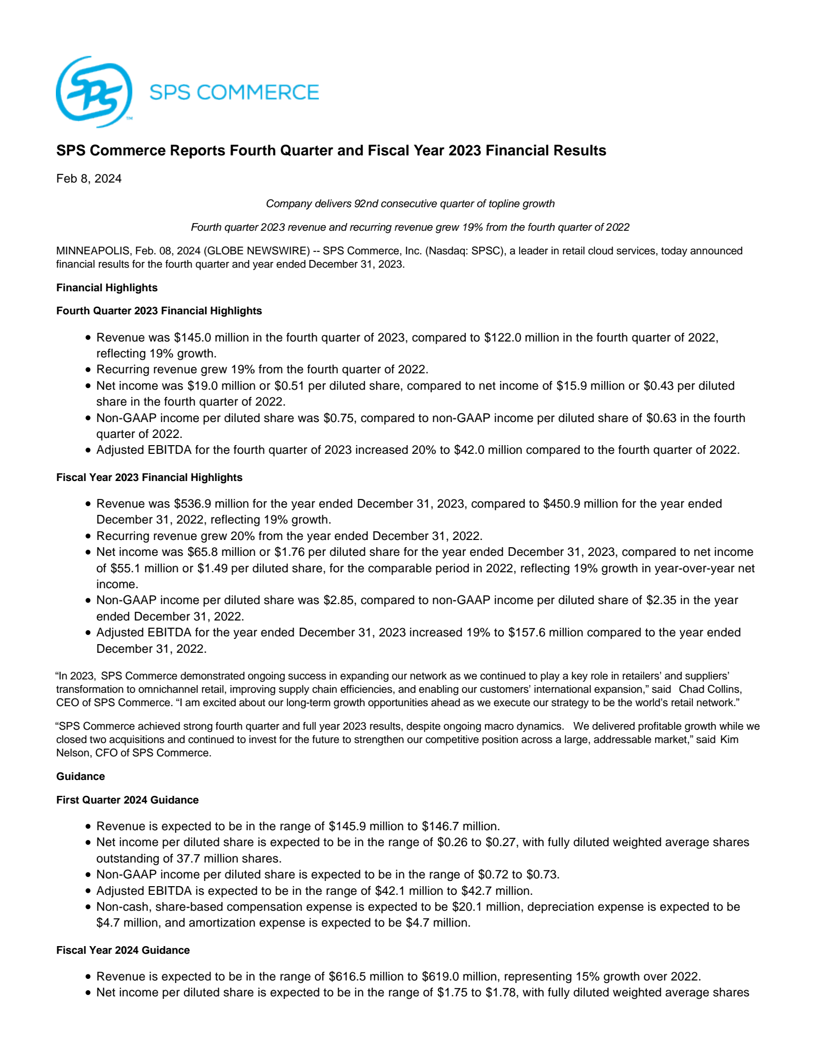 SPS Commerce's Q4 2023 Press Release