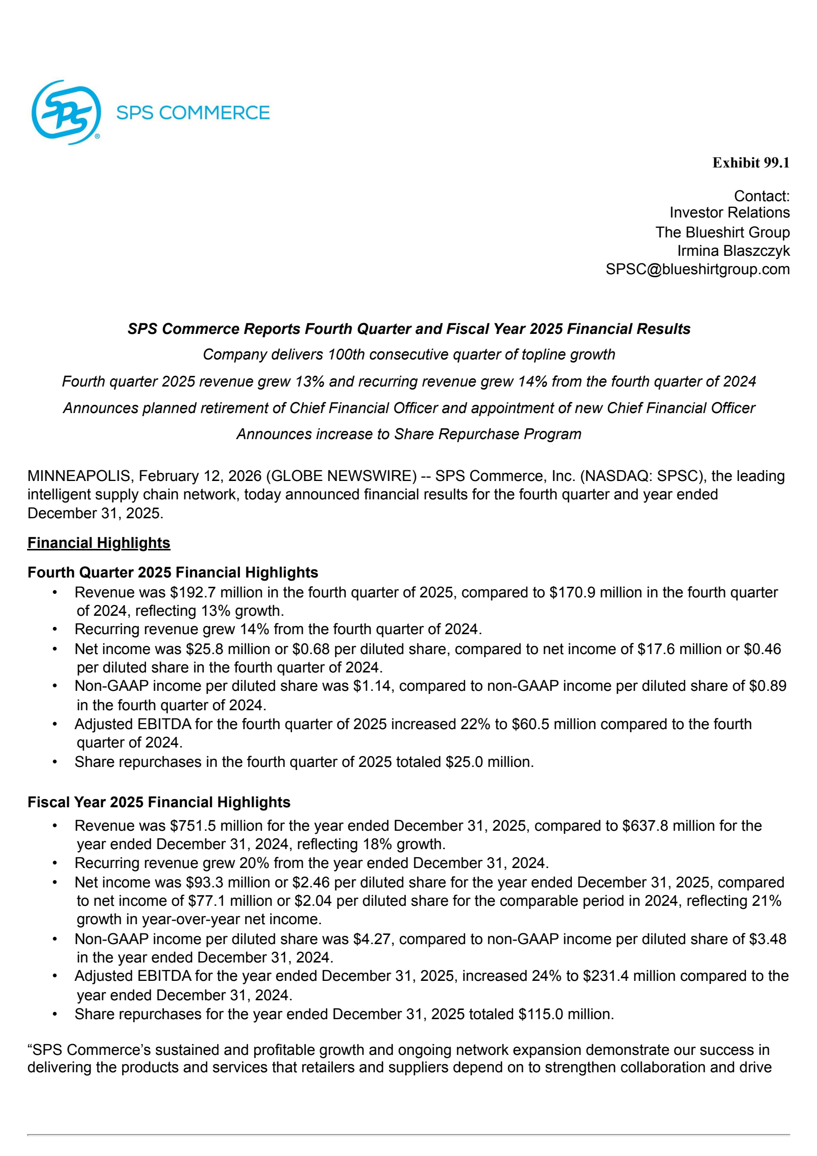 SPS Commerce's Q4 2025 Press Release