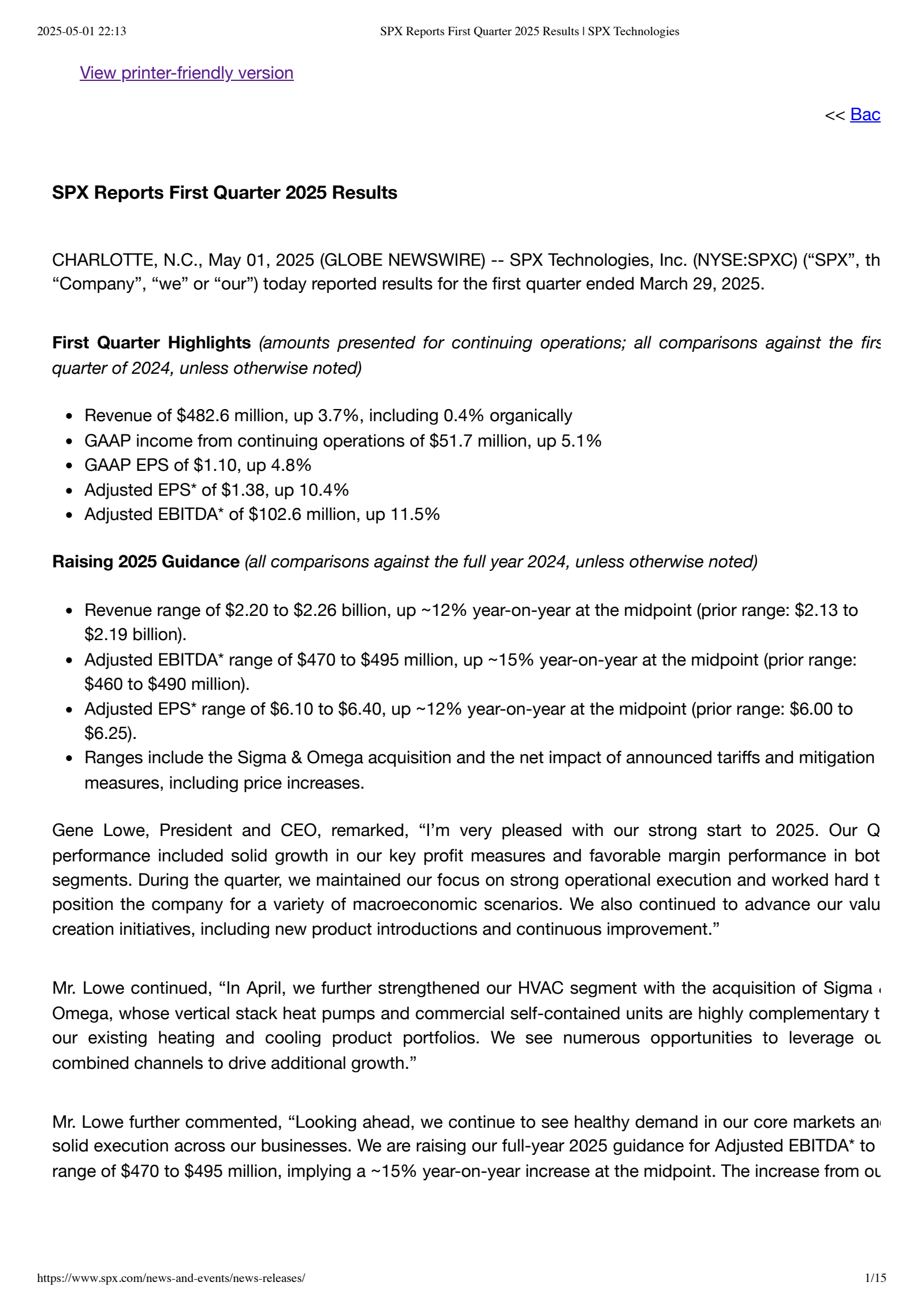 SPX Technologies' Q1 2025 Press Release