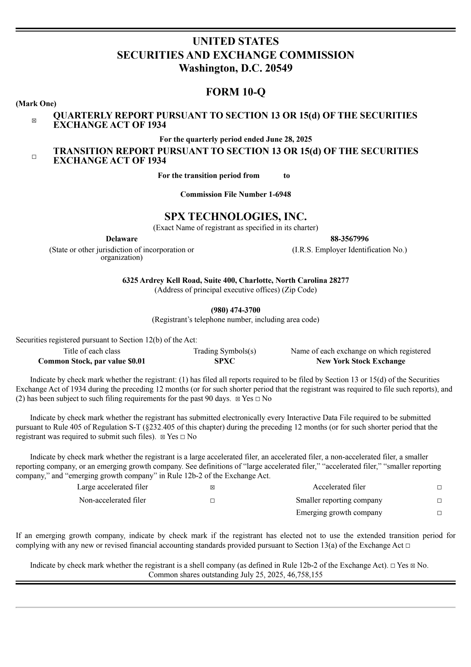 SPX Technologies' Q2 2025 Quarterly report