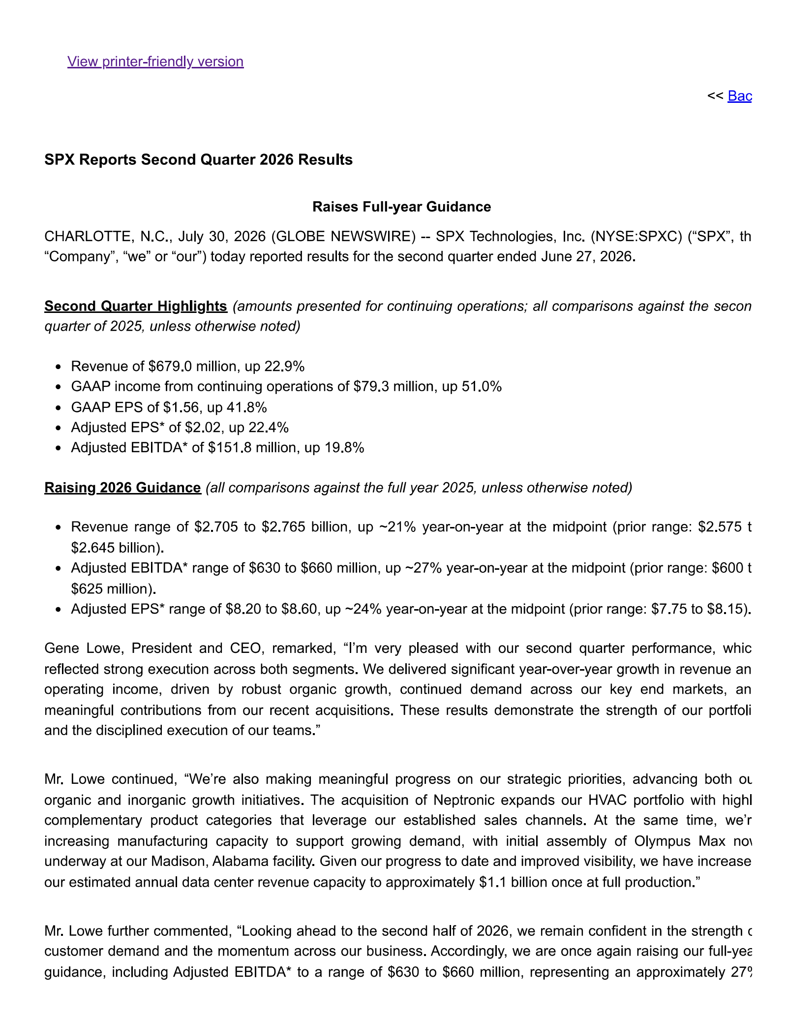 SPX Technologies' Q2 2026 Press Release
