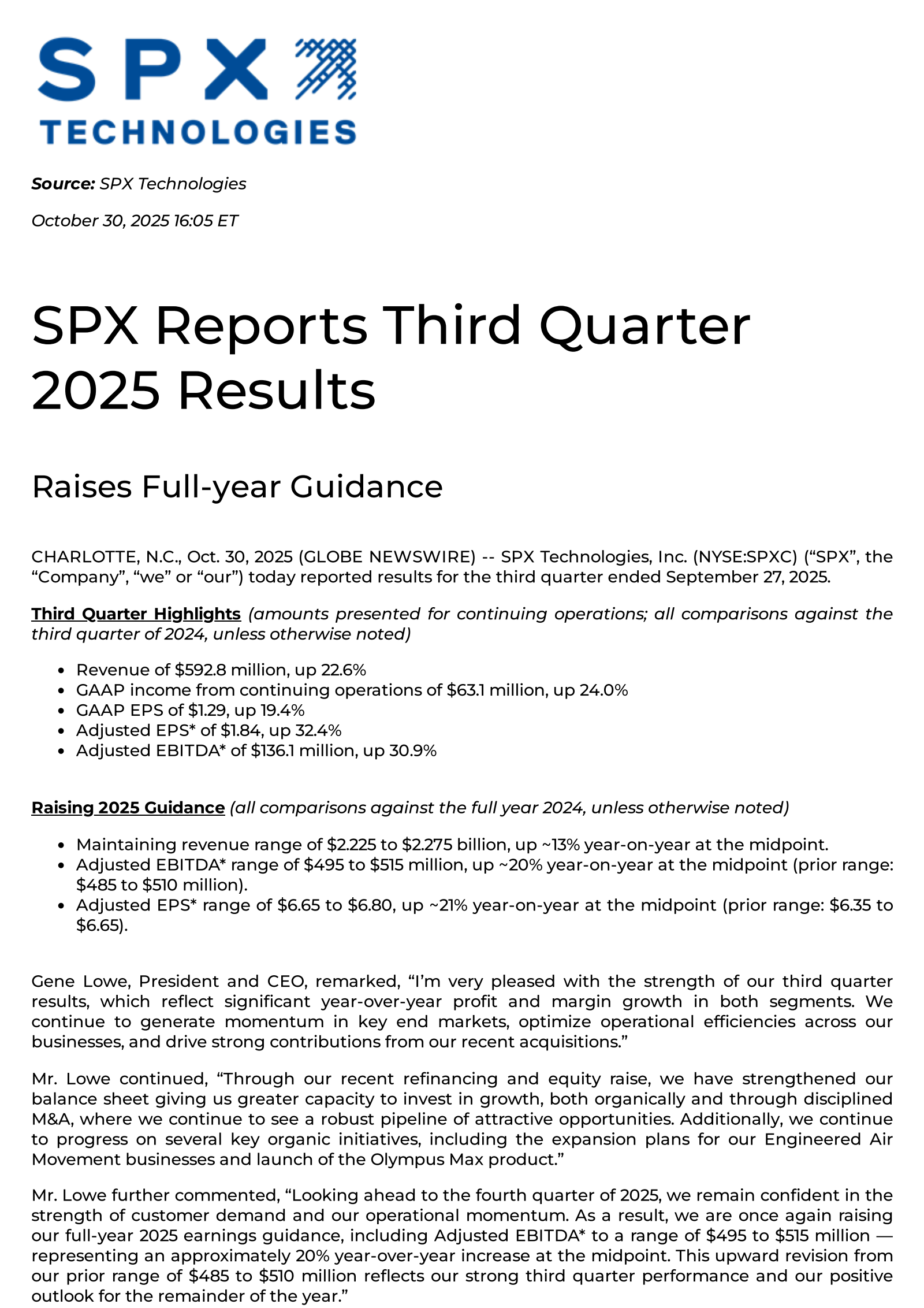 SPX Technologies' Q3 2025 Earnings Release