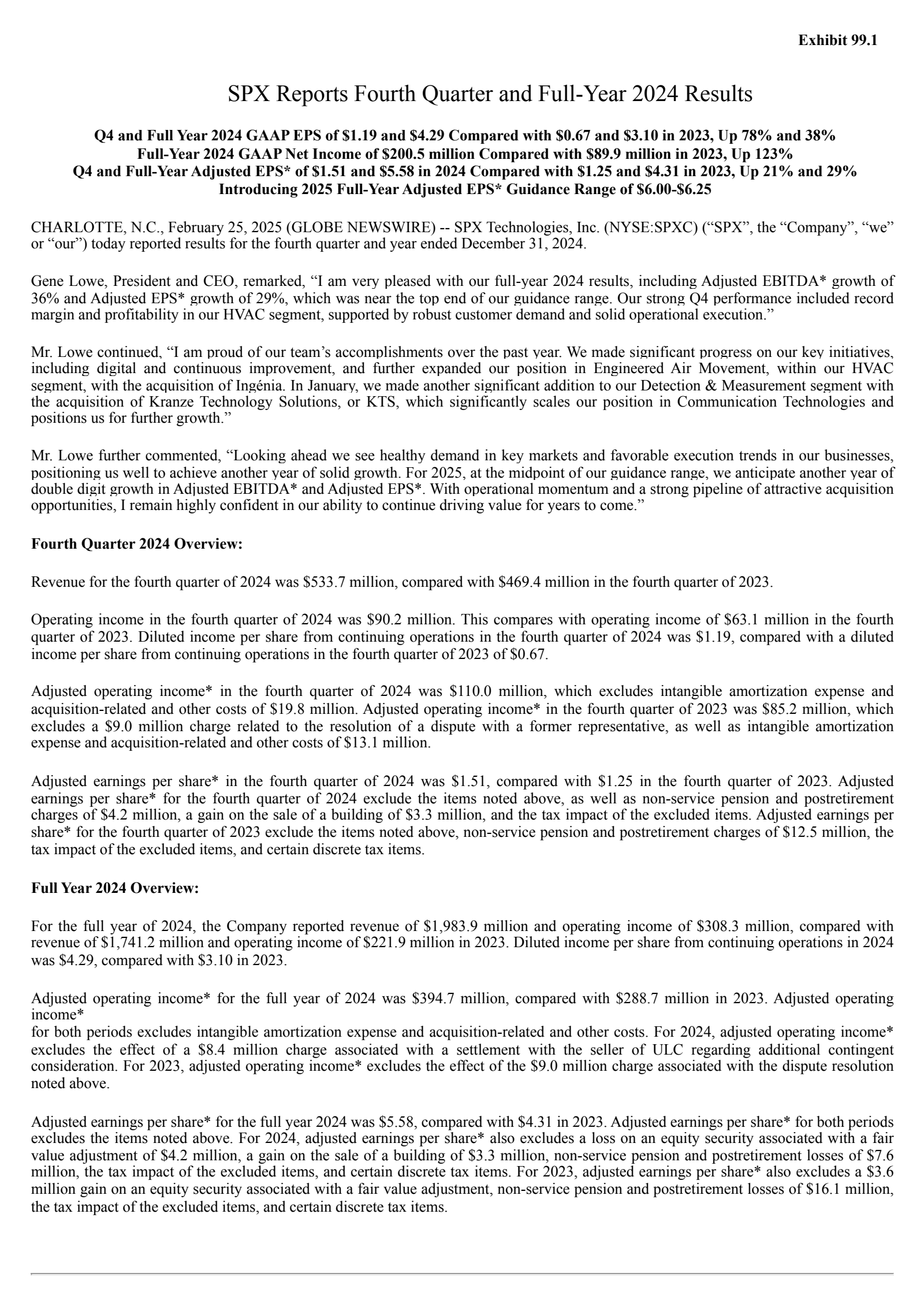 SPX Technologies' Q4 2024 Press Release