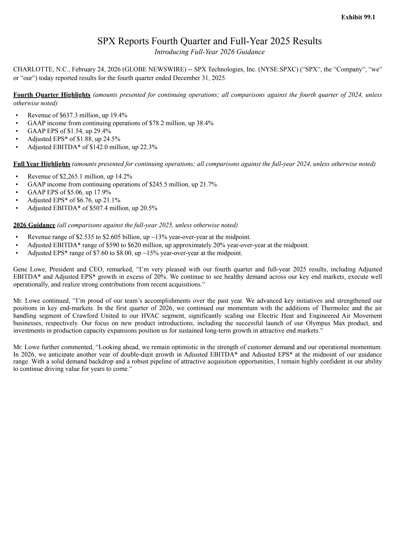 SPX Technologies' Q4 2025 Press Release