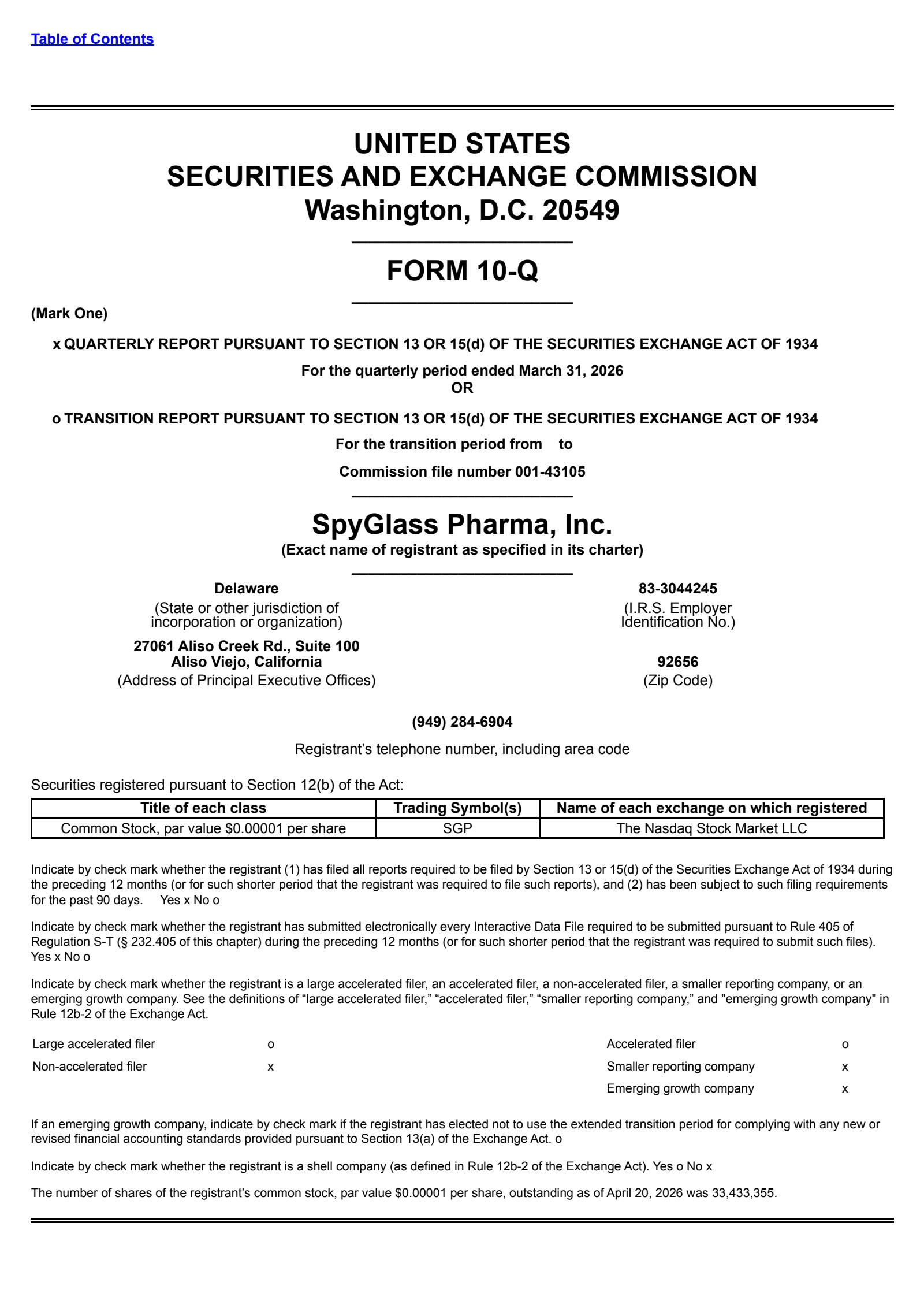 Spyglass Pharma's Q1 2026 Quarterly report