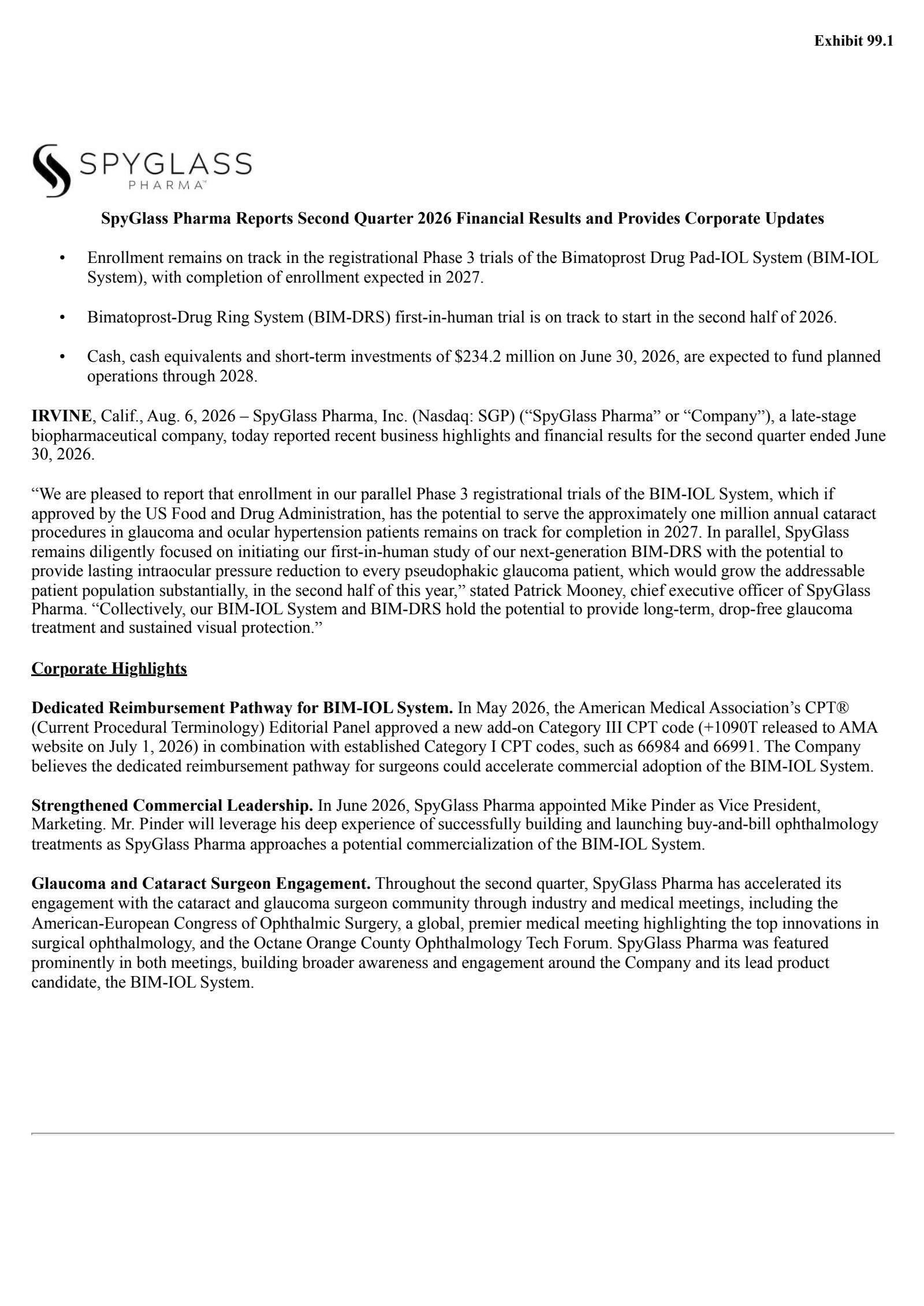 Spyglass Pharma's Q2 2026 Press Release