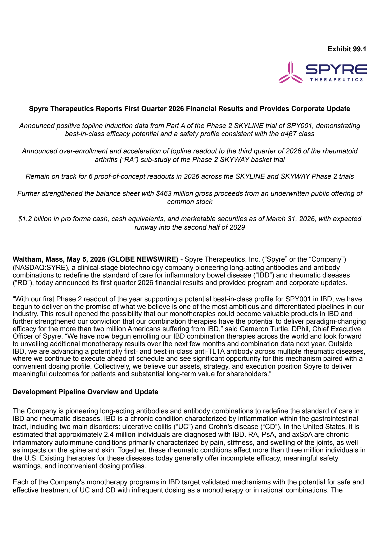 Spyre Therapeutics' Q1 2026 Press Release