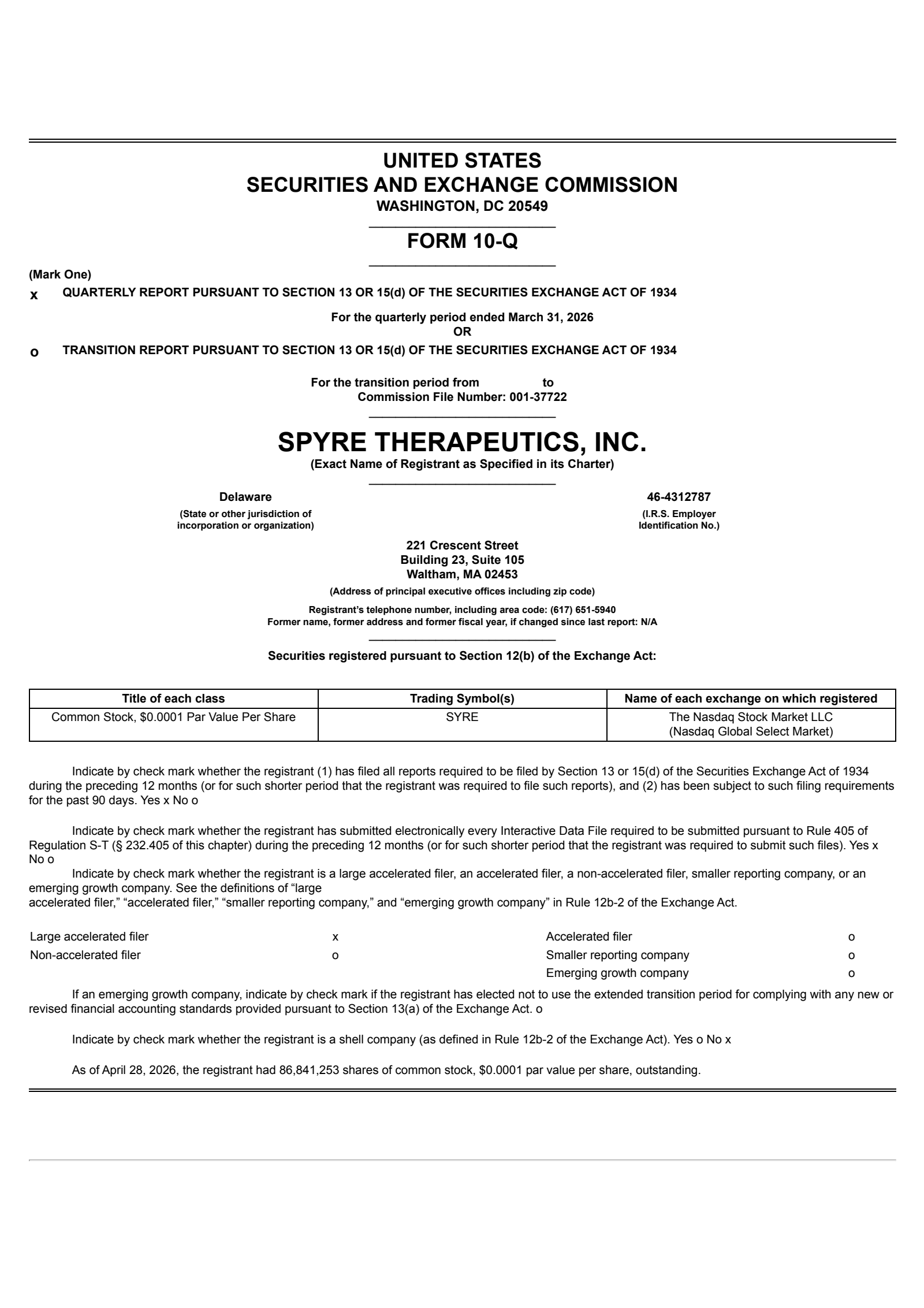 Spyre Therapeutics' Q1 2026 Quarterly report