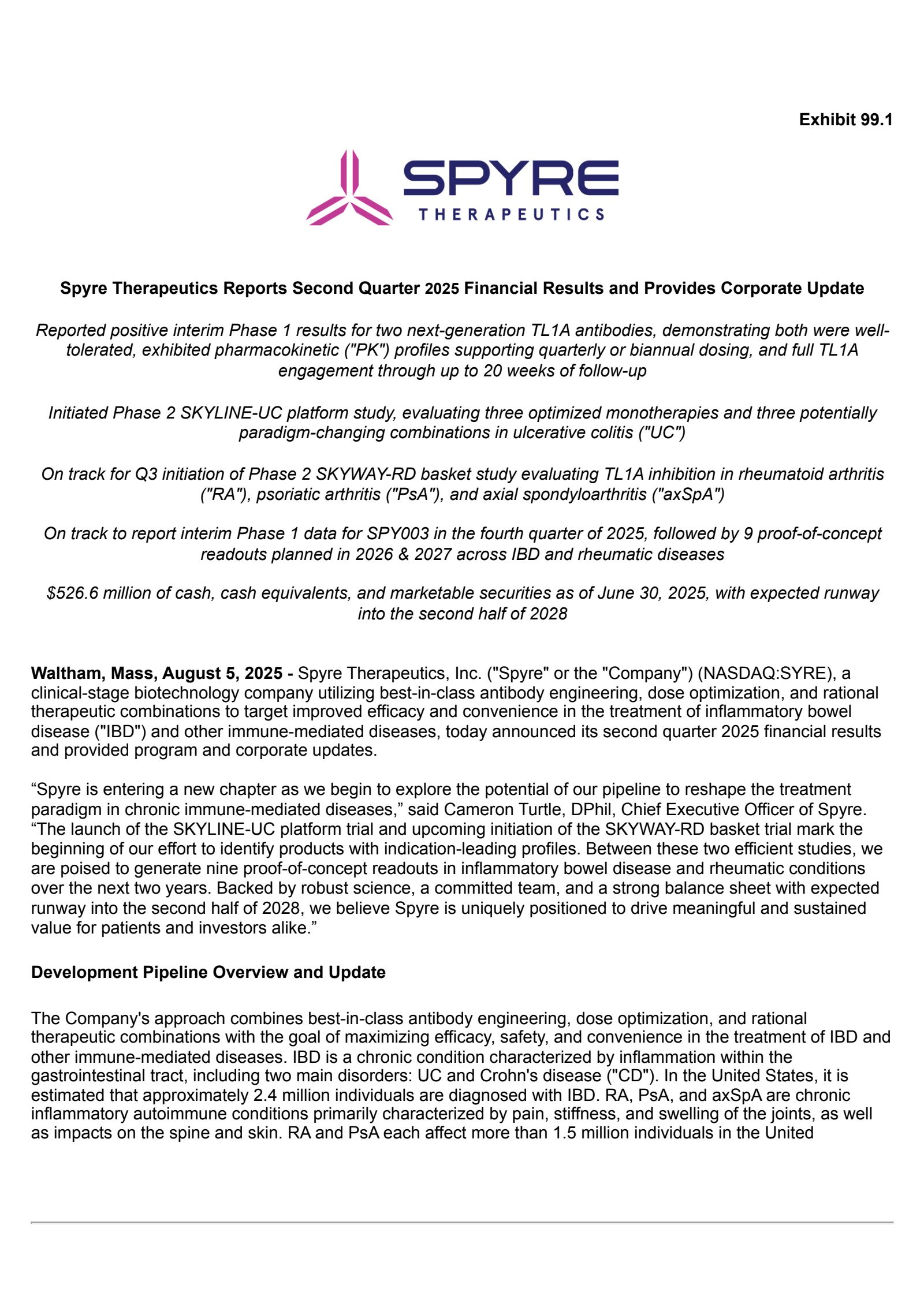 Spyre Therapeutics' Q2 2025 Press Release