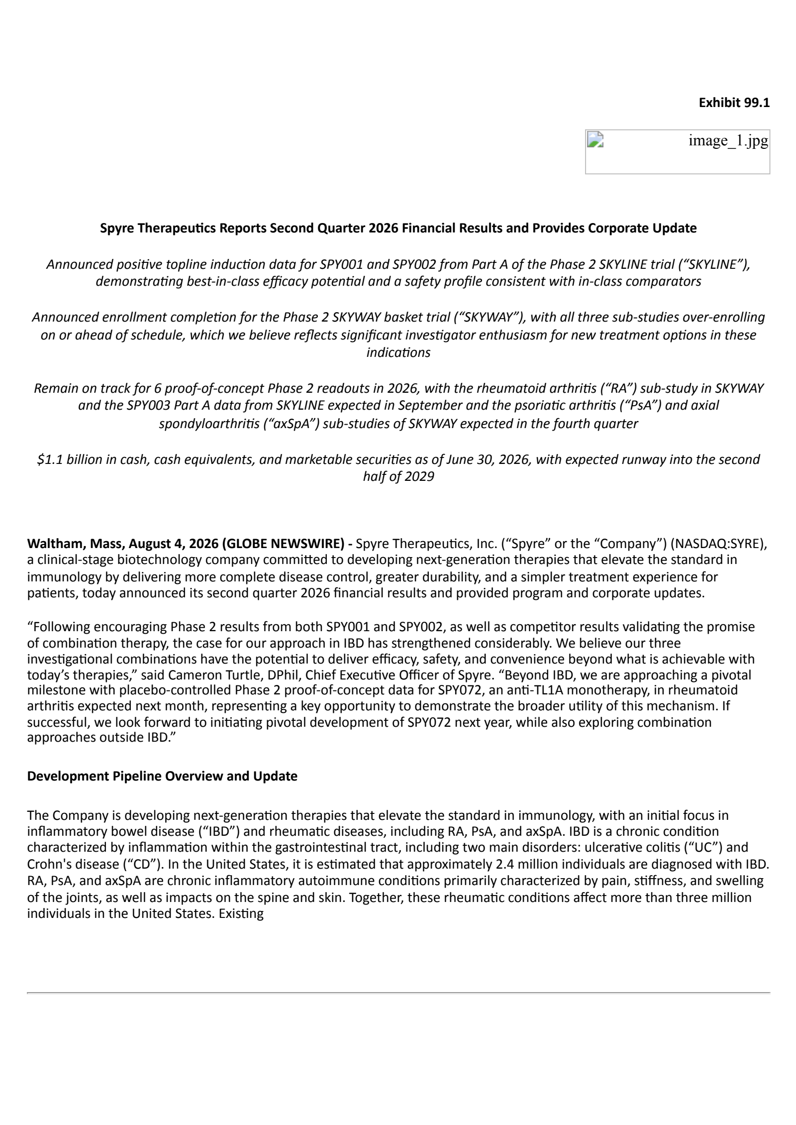 Spyre Therapeutics' Q2 2026 Press Release