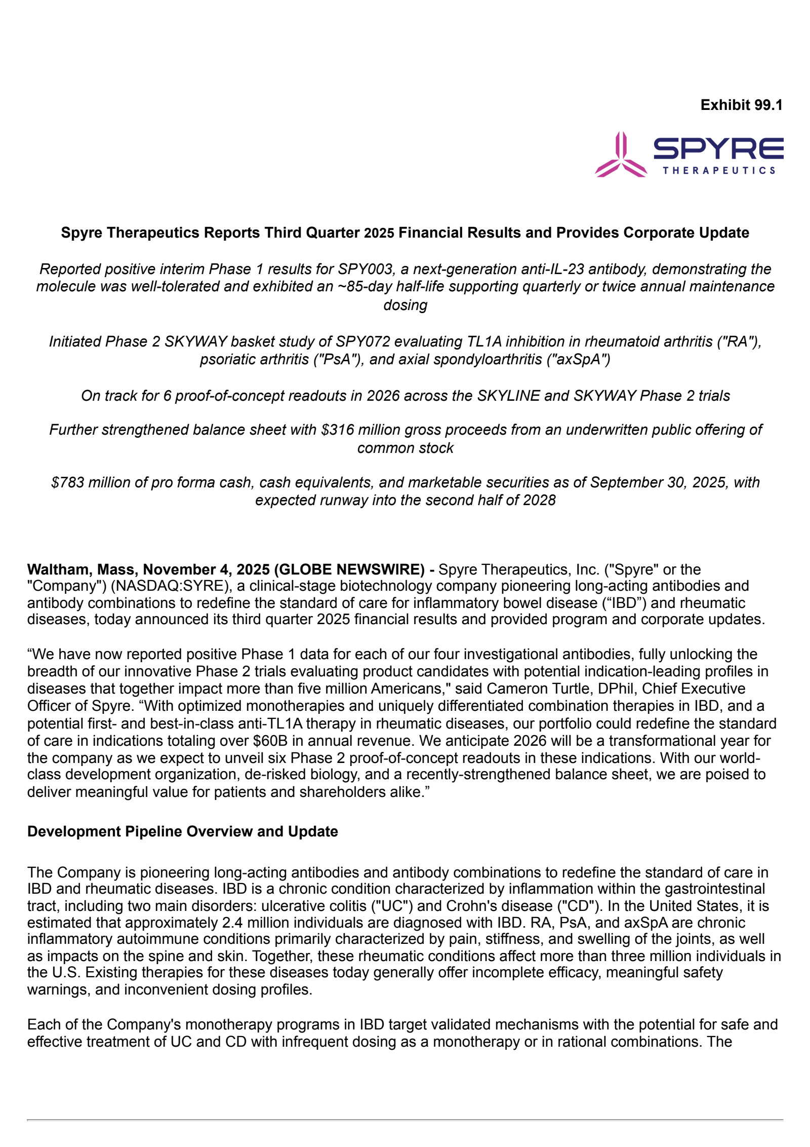 Spyre Therapeutics' Q3 2025 Earnings Release