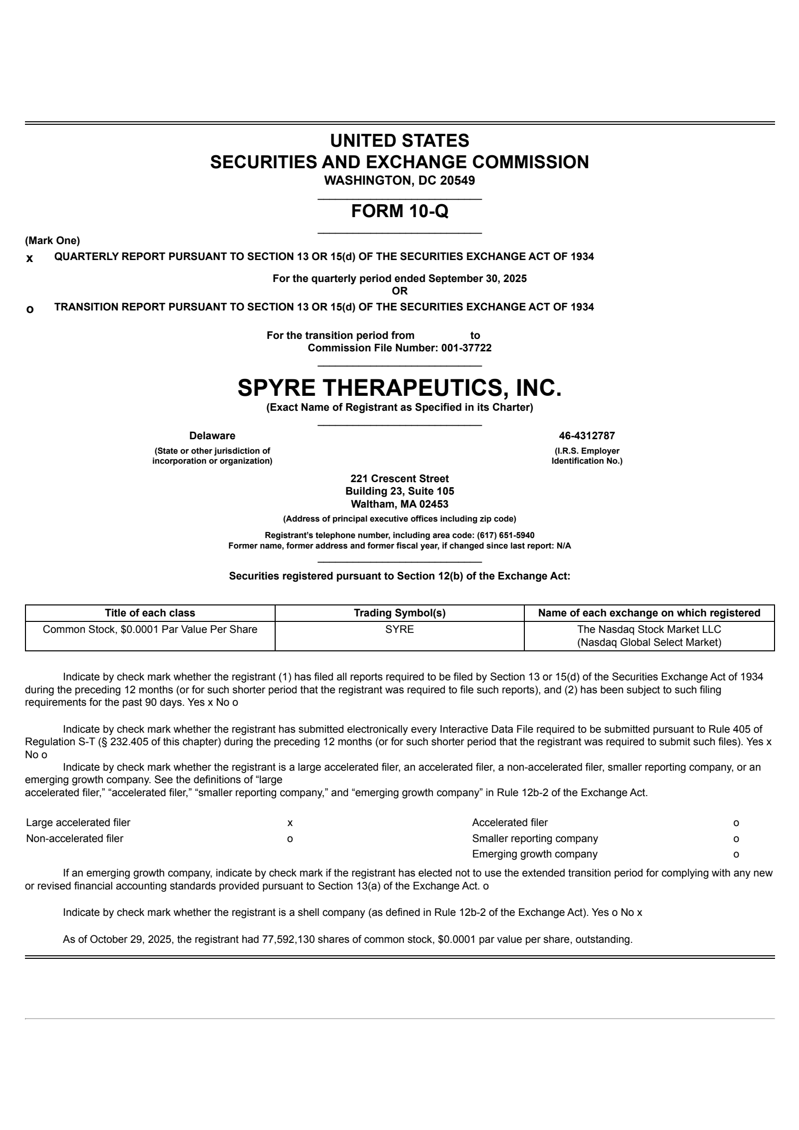 Spyre Therapeutics' Q3 2025 Quarterly Report